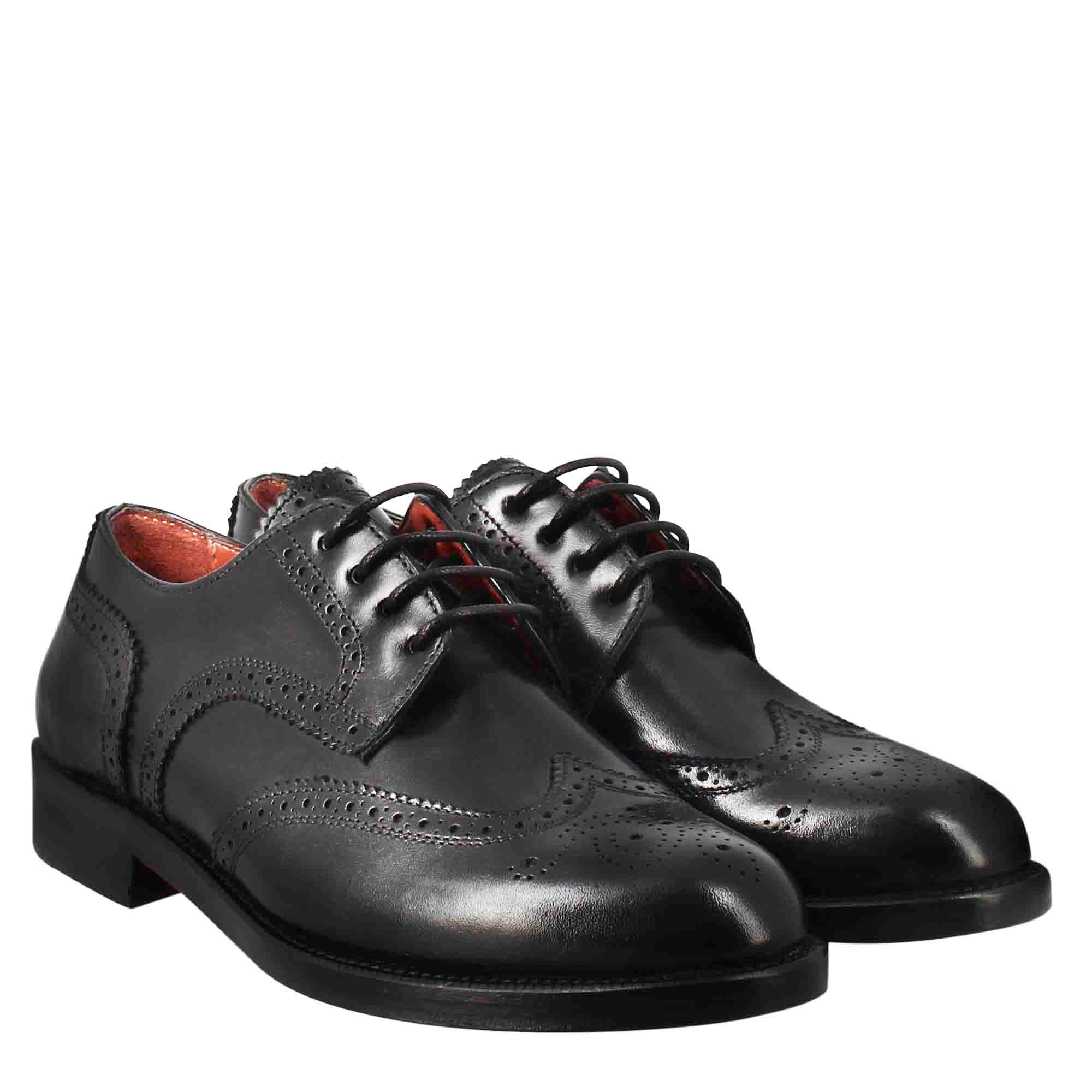 Leonardo Shoes Derby Donna Nero Brogue Pelle Cuoio