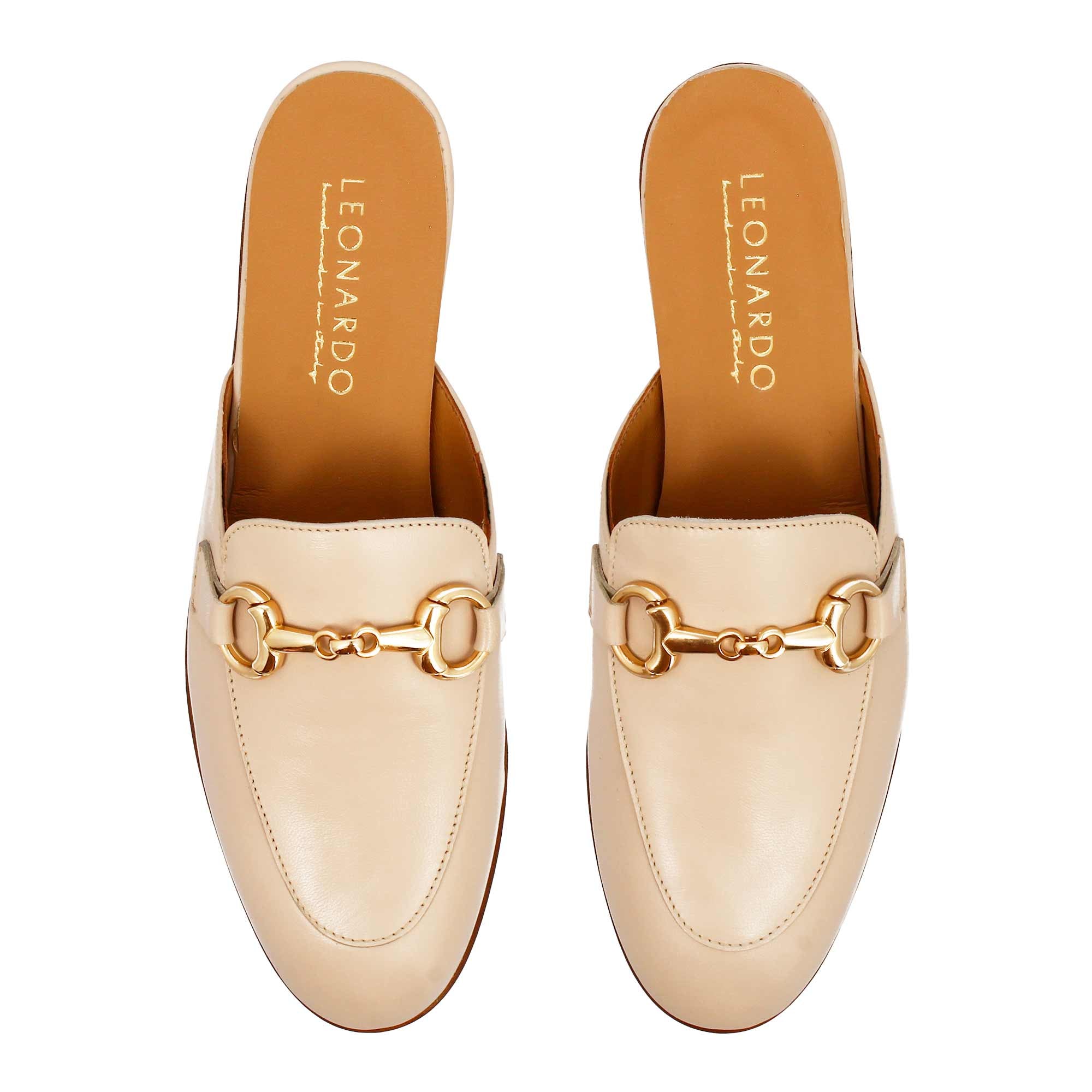 Leonardo Shoes Mules Donna Sabot Beige Fibbia Dorata Cuoio