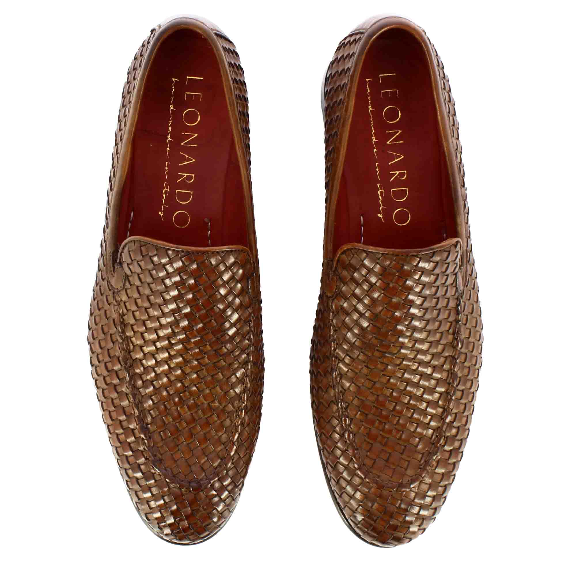 Leonardo Shoes mocassini uomo pelle intrecciata marrone chiaro