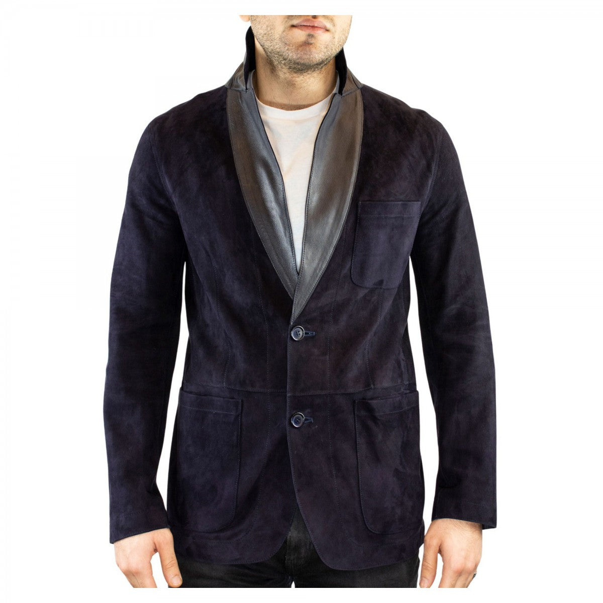 Leonardo Shoes giacca pelle uomo blu reversibile renna agnello