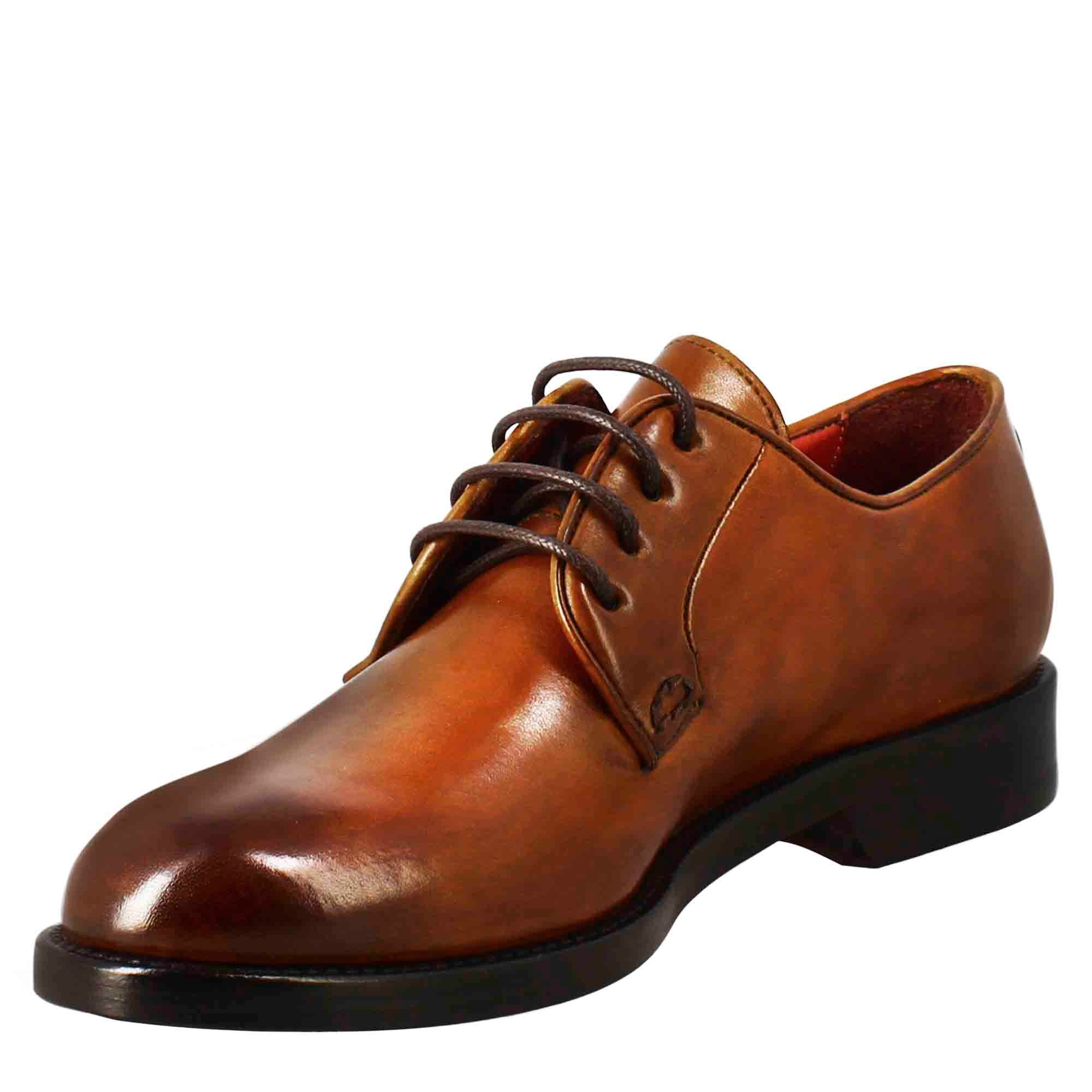 Leonardo Shoes Derby stringate donna pelle marrone chiaro cuoio