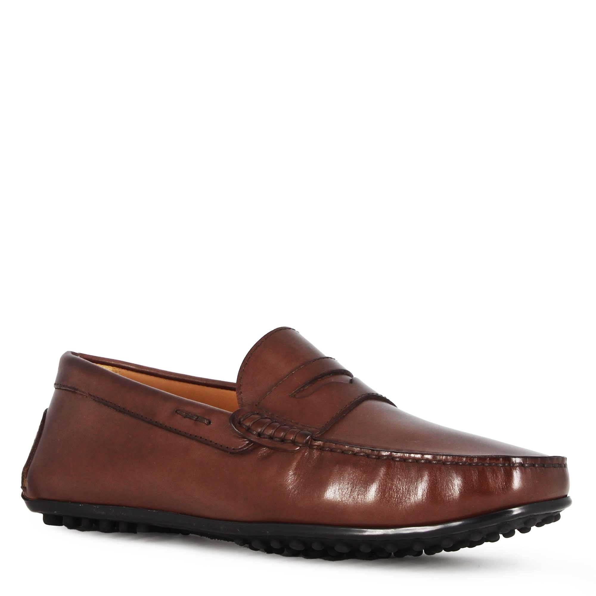 Leonardo Shoes Mocassino Barca Uomo Pelle Marrone Scuro