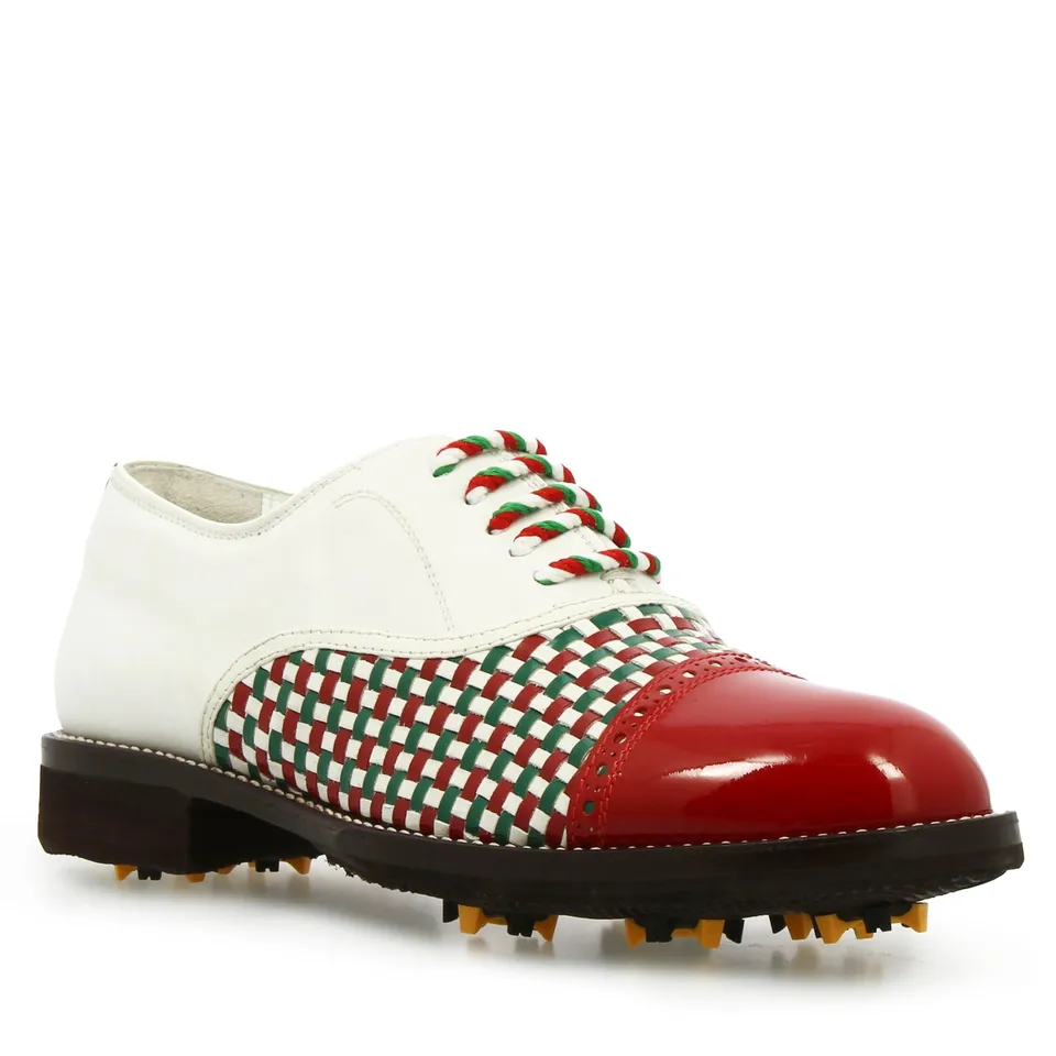 Leonardo Shoes Golf Scarpe golf pelle intrecciata bianco tricolore
