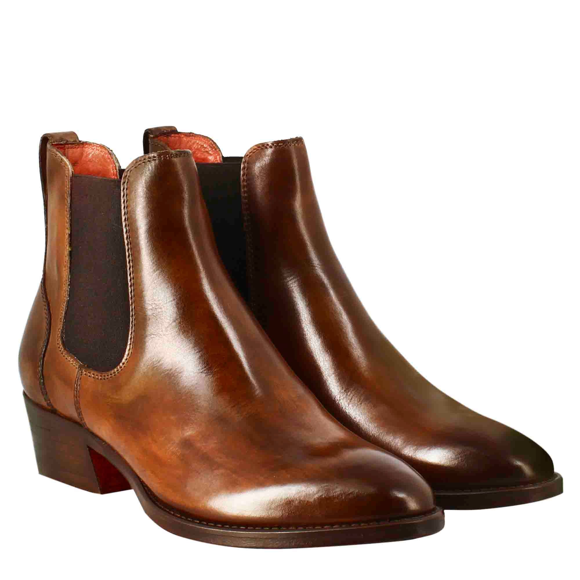 Leonardo Shoes Stivali Donna Chelsea Pelle Marrone Tacco Medio