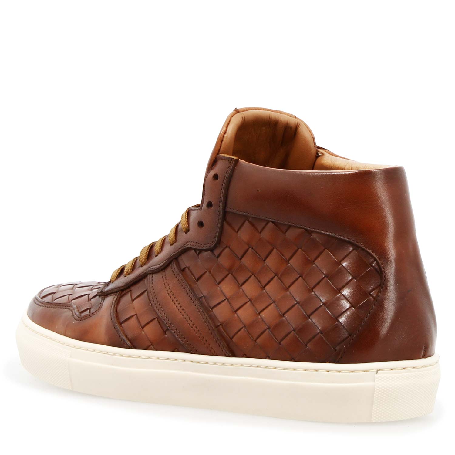 Leonardo Shoes Domizio sneaker uomo marrone pelle intrecciata high-top