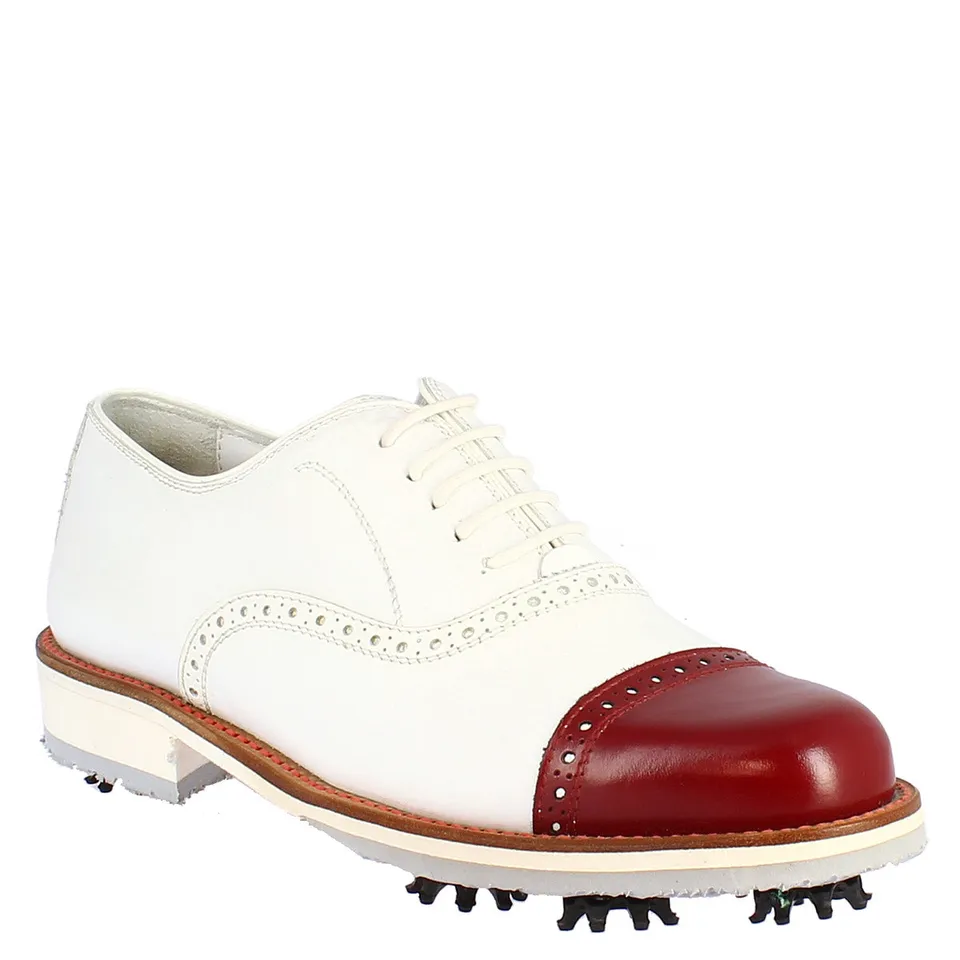 Leonardo Shoes Golf Scarpe Pelle Bianco con Puntale Rosso