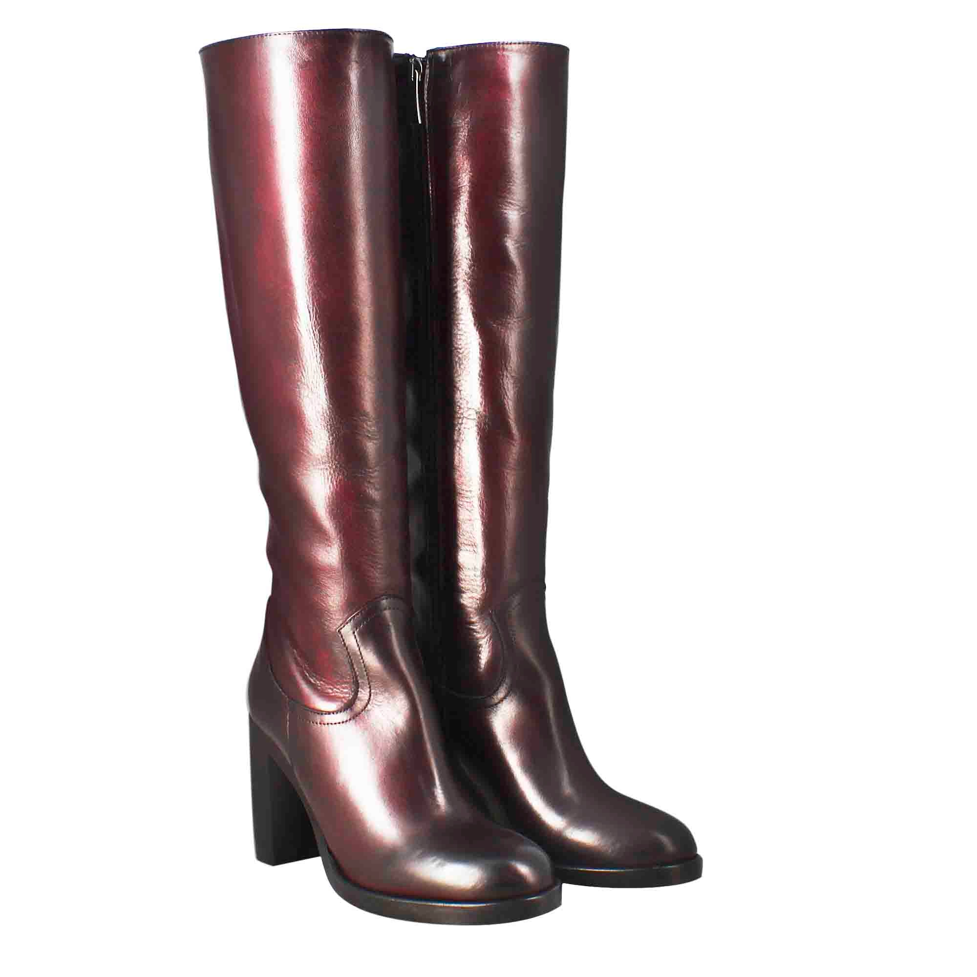 Leonardo Shoes Stivali al ginocchio bordeaux pelle tacco 9 cm