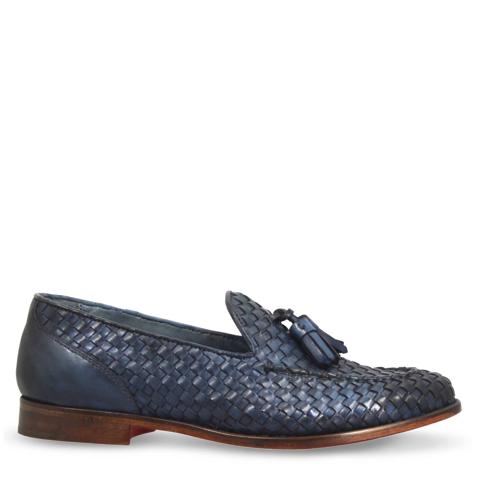 Leonardo Novella Mocassini donna pelle intrecciata blu nappine
