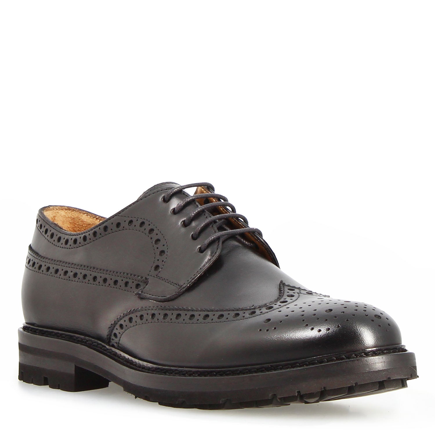 Leonardo Massimo derby brogue pelle nera suola gomma