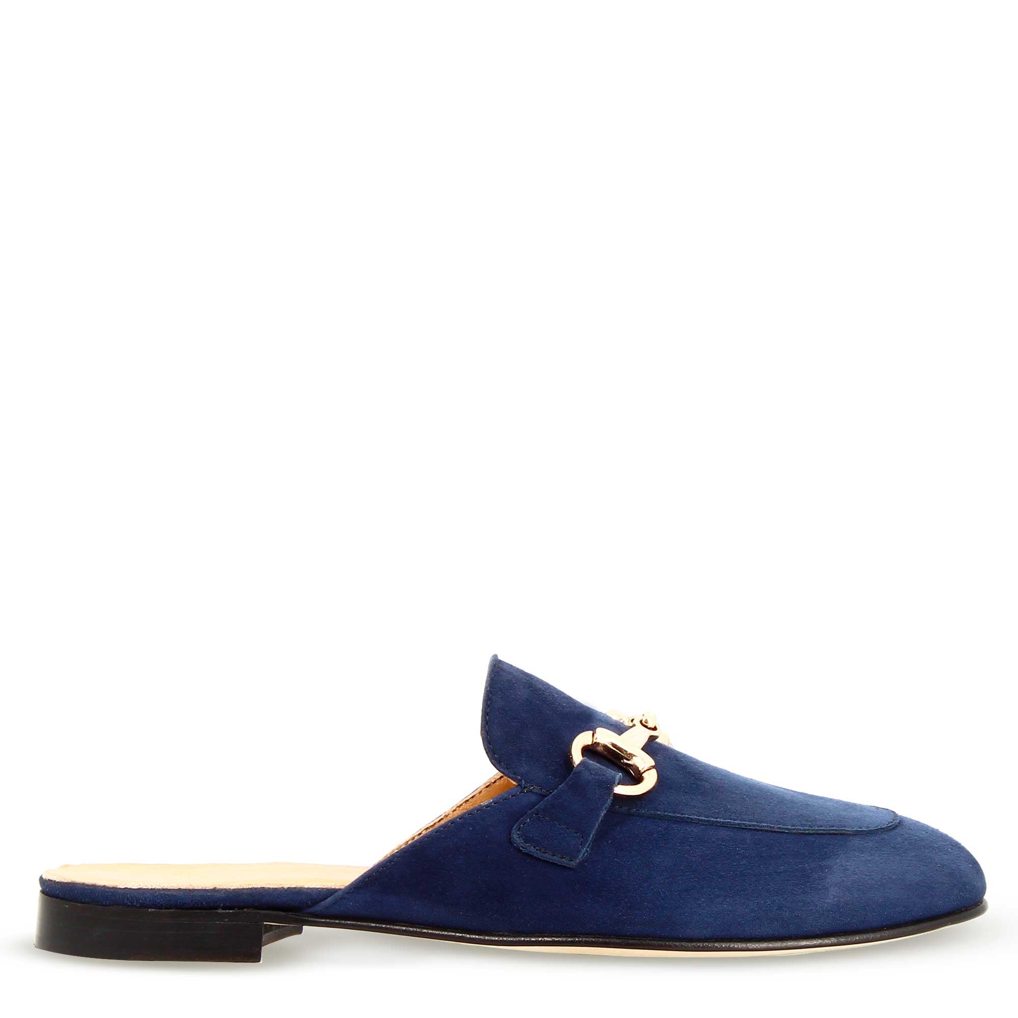 Leonardo Shoes Mules Donna Camoscio Blu Fibbia Oro