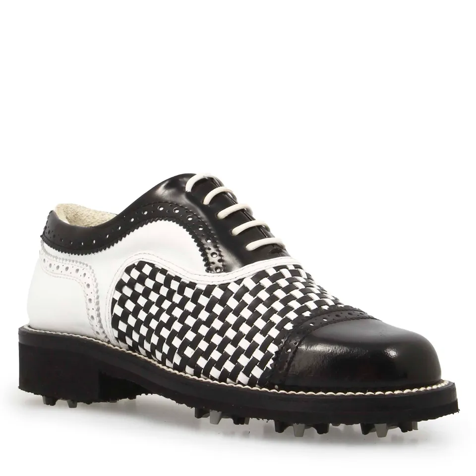 Leonardo Shoes Golf Calzature scarpe da golf bianche nere pelle intrecciata