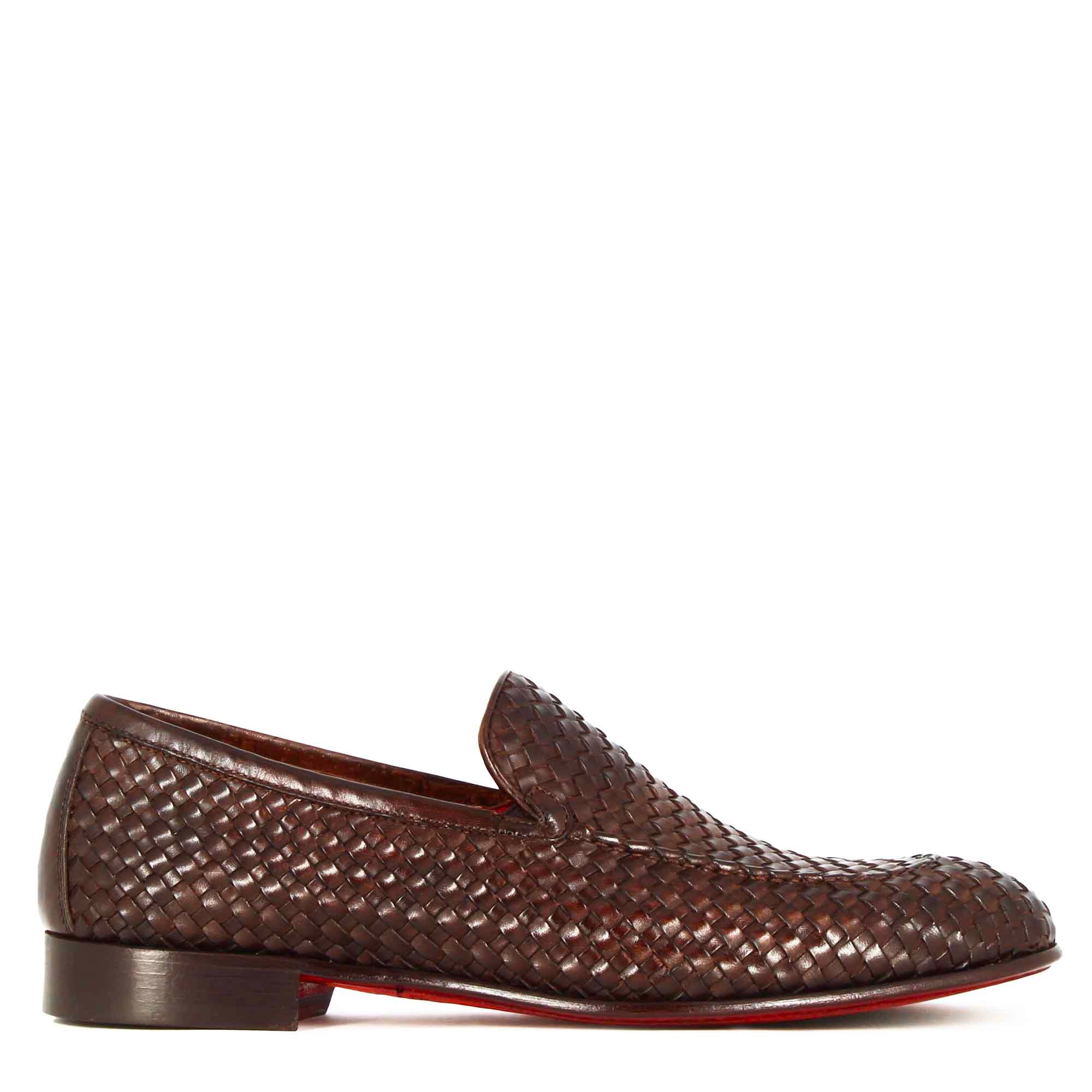 Leonardo Shoes Mocassini Uomo pelle intrecciata marrone scuro
