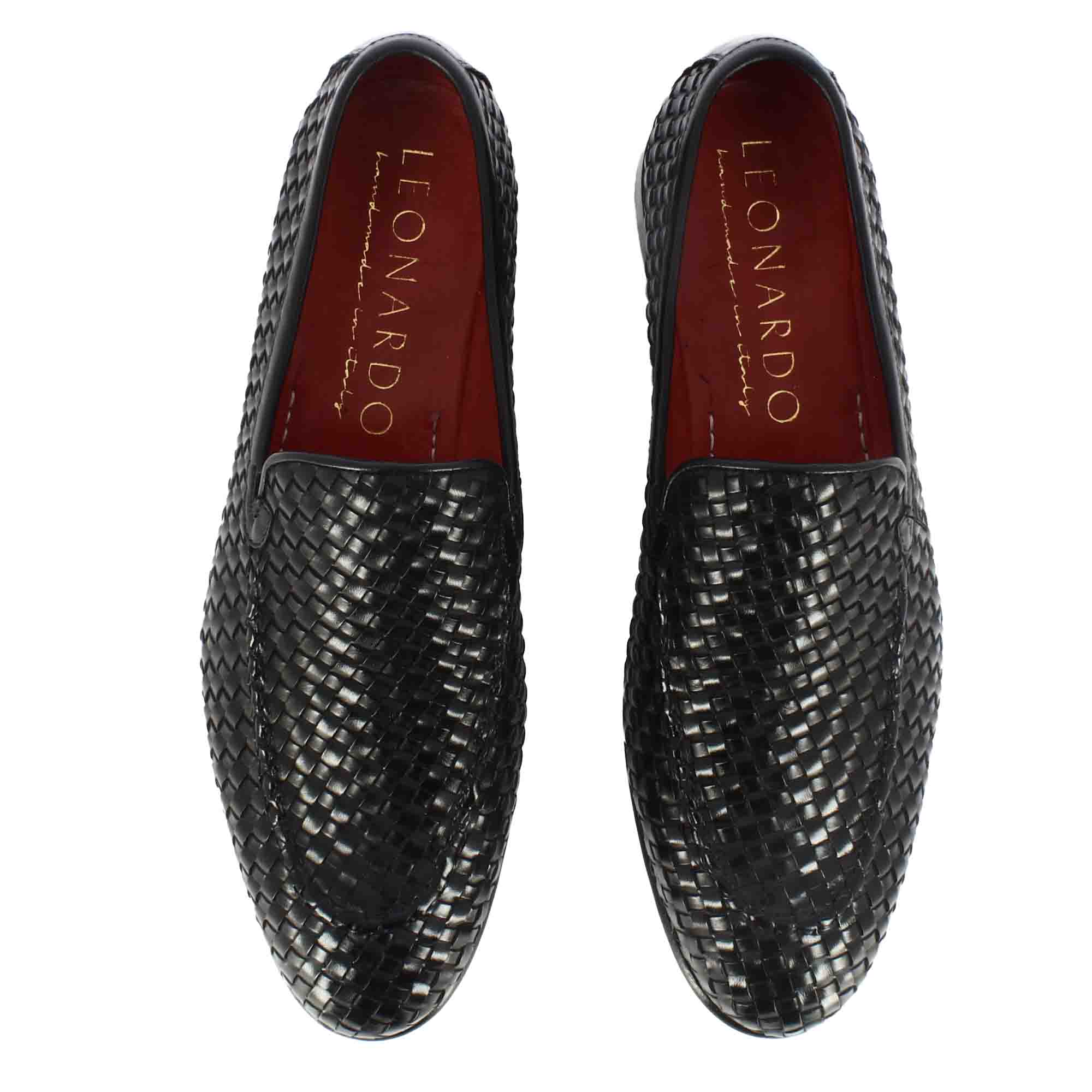 Leonardo Shoes mocassini uomo nero pelle intrecciata