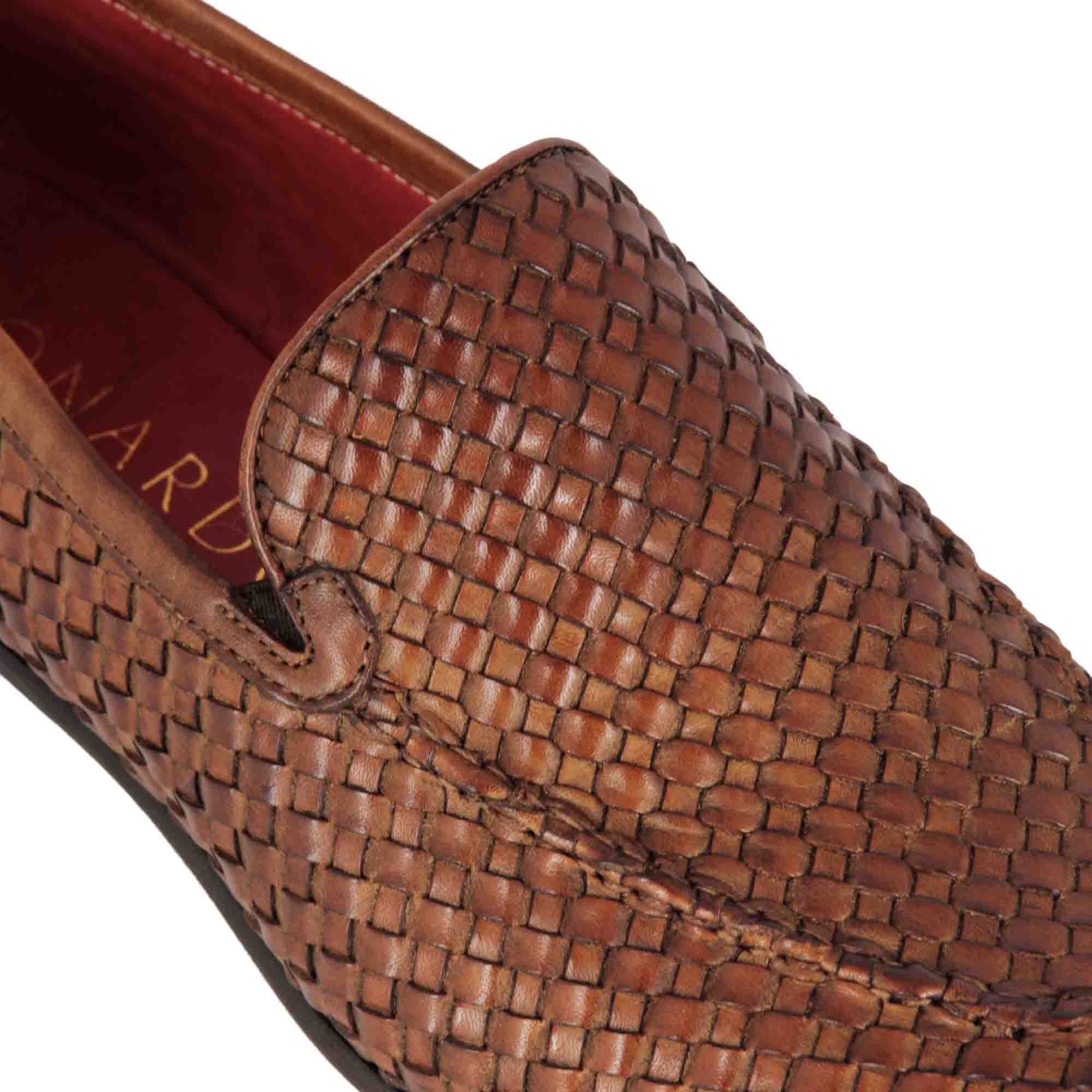 Leonardo Shoes mocassini uomo pelle intrecciata marrone chiaro