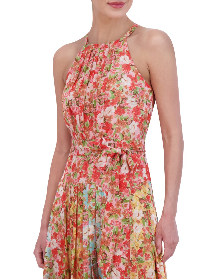 Vince Camuto abito midi chiffon plissettato stampato halter