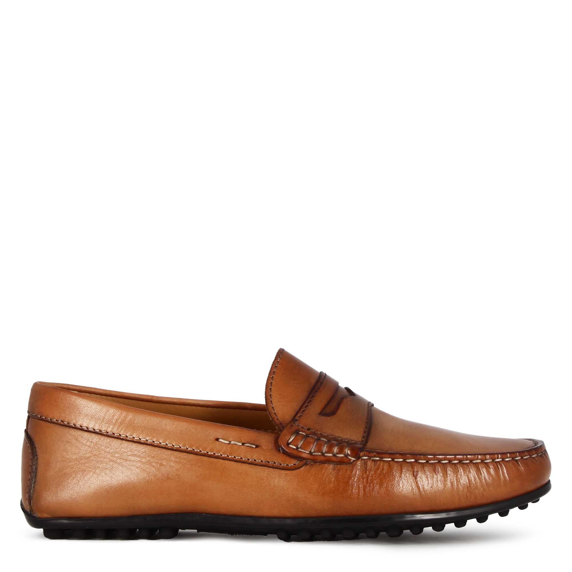Leonardo Shoes Mocassini Uomo Pelle Marrone Suola Gomma Casual