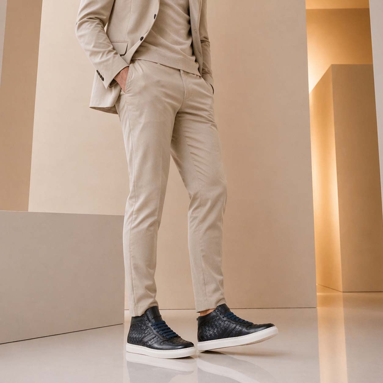 Leonardo Domizio sneakers alte uomo pelle blu intrecciata