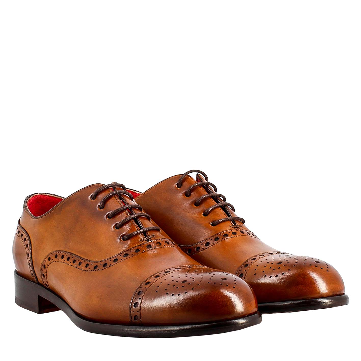 Leonardo Shoes Oxford Uomo Semi Brogue Marrone Pelle Siena