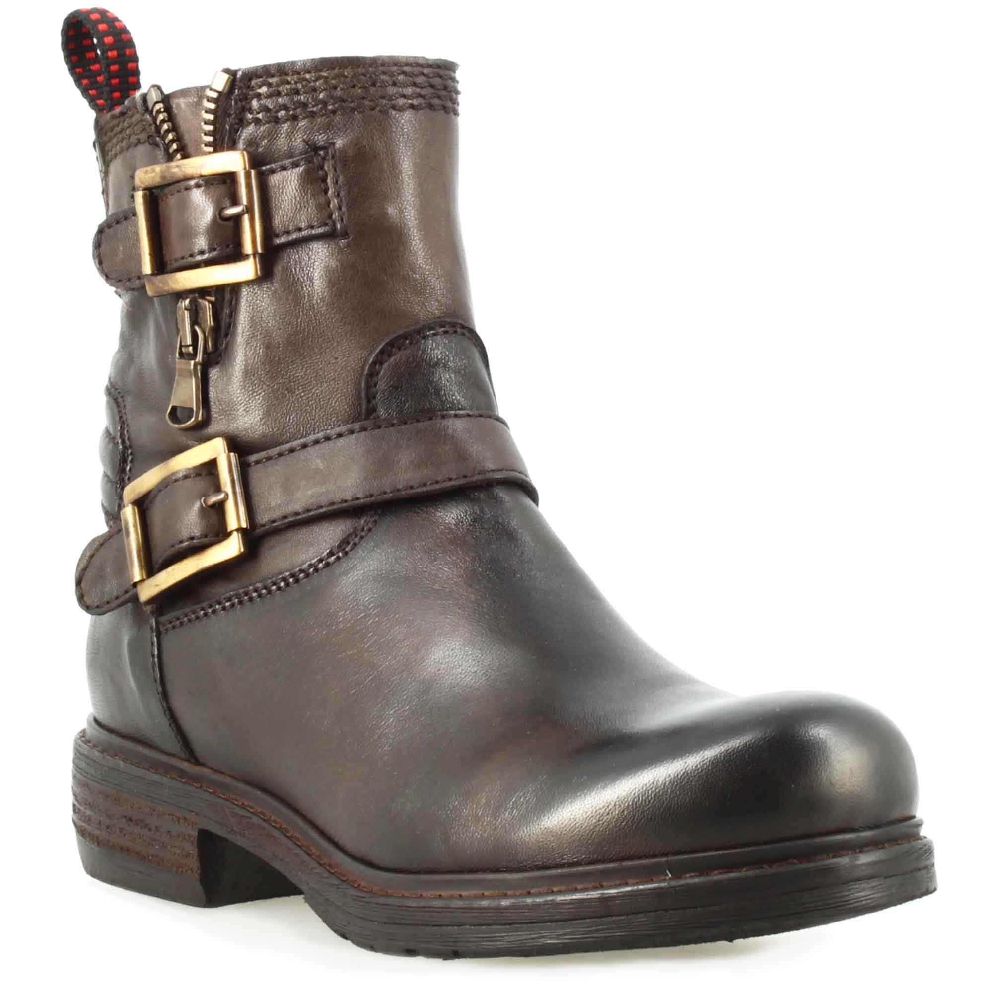 Leonardo Shoes stivaletto donna pelle marrone doppia fibbia
