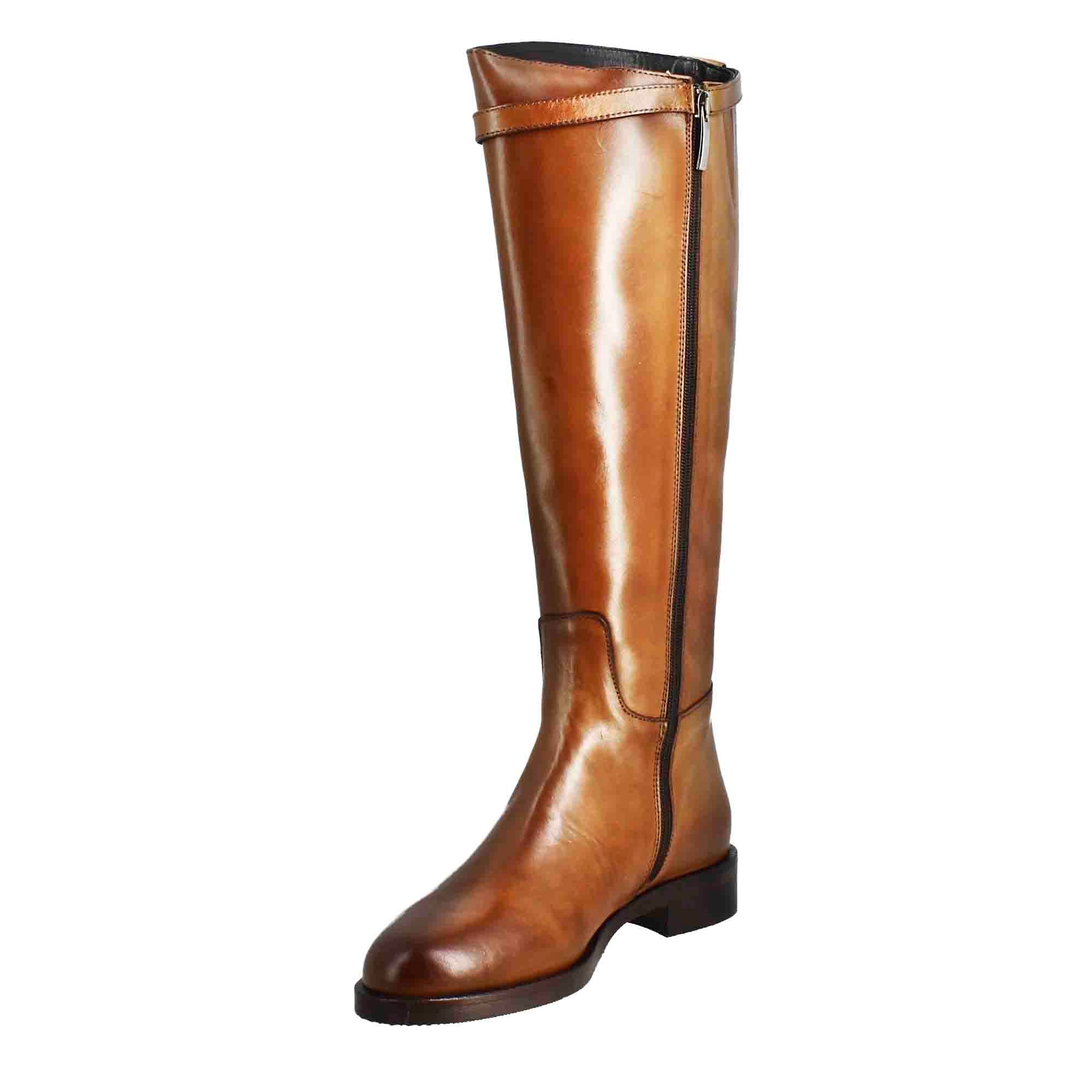 Leonardo Shoes Stivali donna ginocchio pelle marrone tacco basso