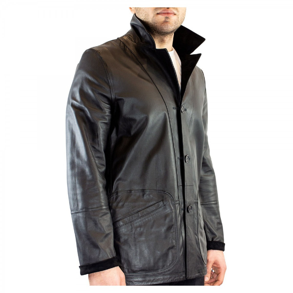 Leonardo Shoes Giacca Pelle Uomo Nera Reversibile Renna