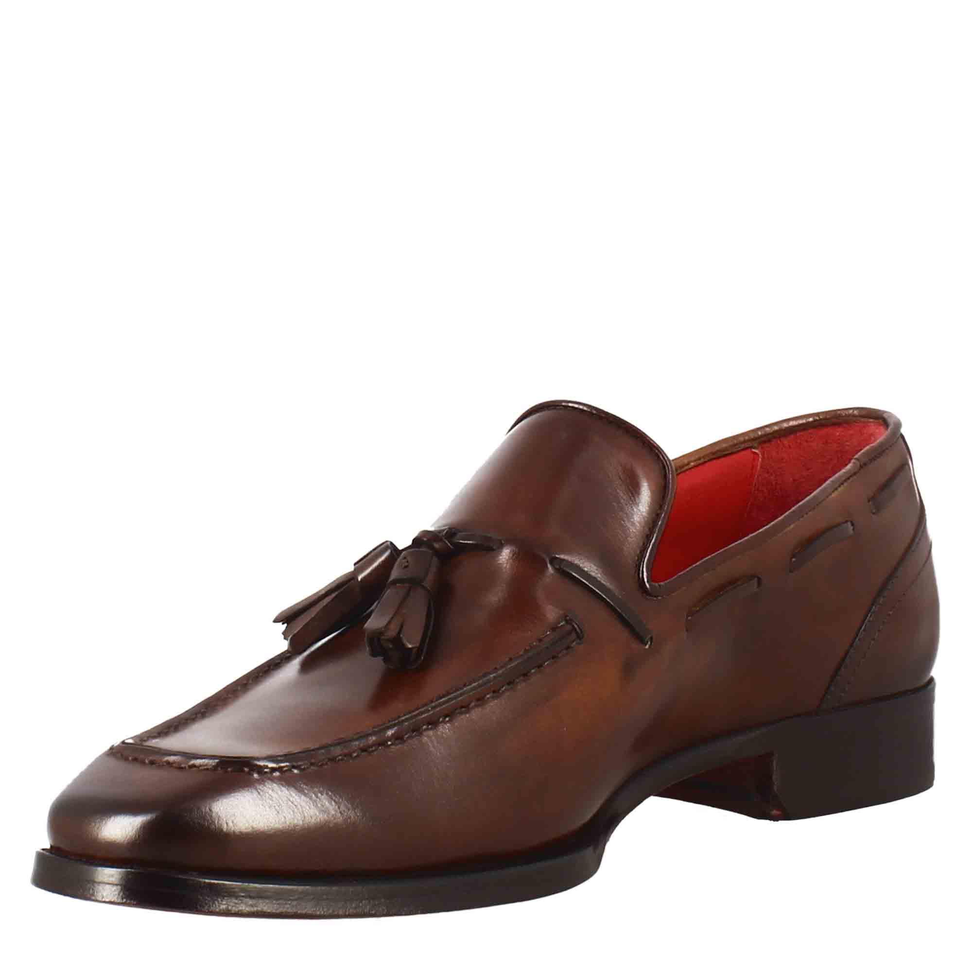 Leonardo Shoes Mocassini Uomo Nappine Marrone Pelle Punta Squadrata