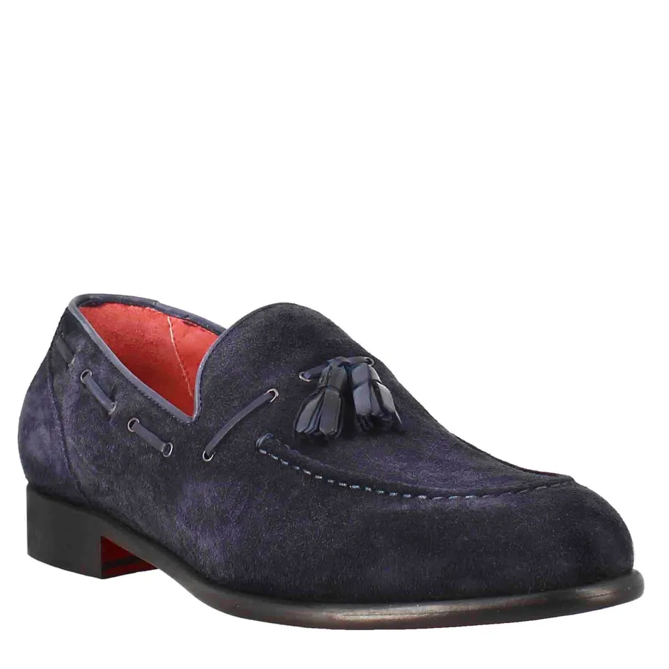 Leonardo Shoes Mocassini Uomo Nappine Blu Scamosciato