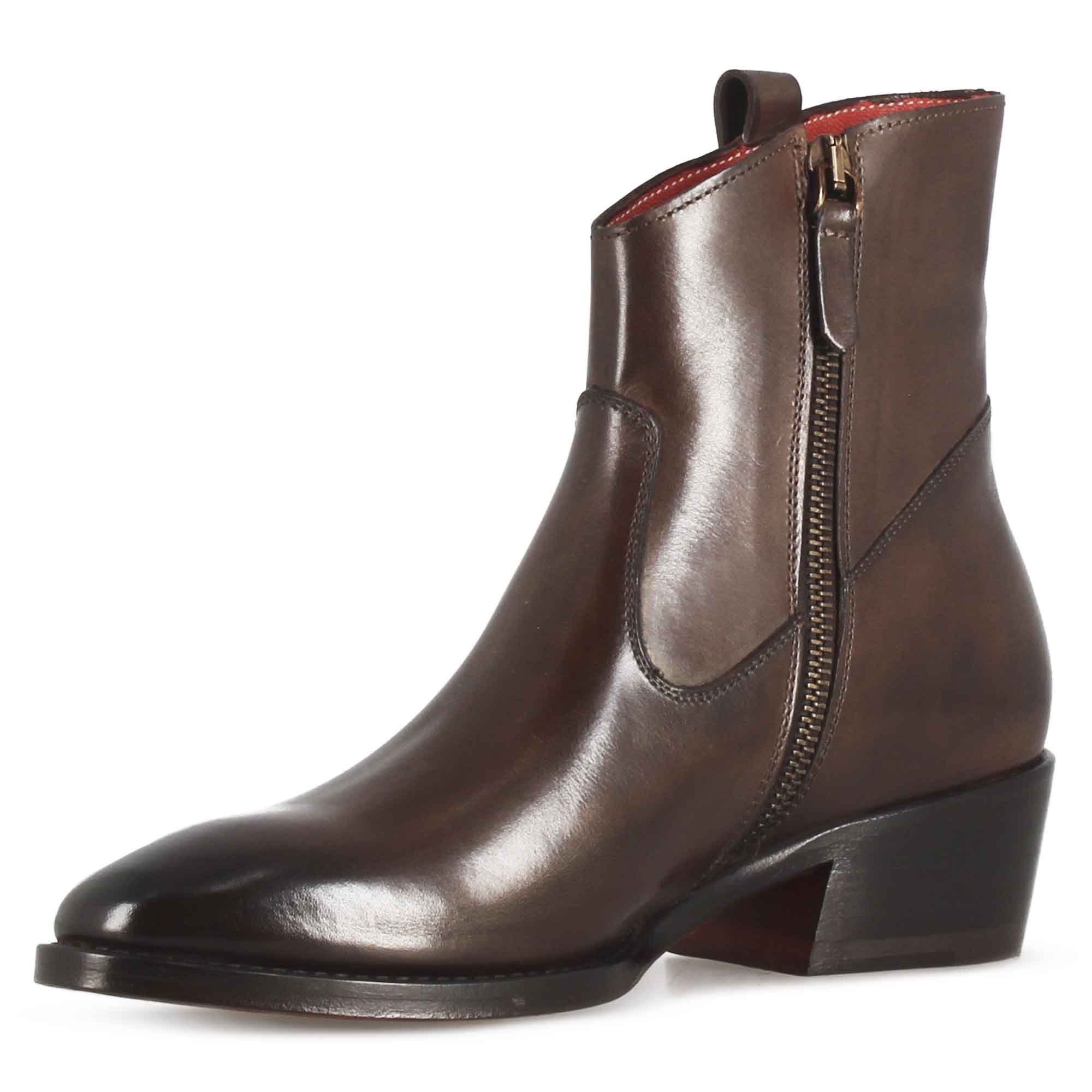 Leonardo Shoes Stivali Donna texano marrone scuro stivaletto pelle