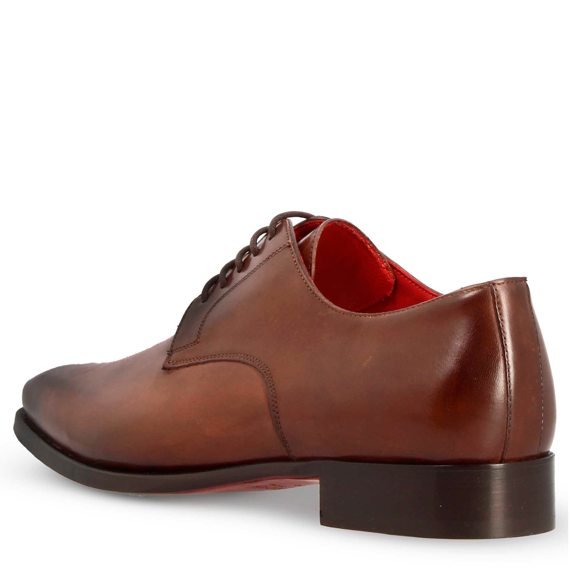 Leonardo Shoes Francesine Uomo Derby Pelle Marrone Punta Squadrata