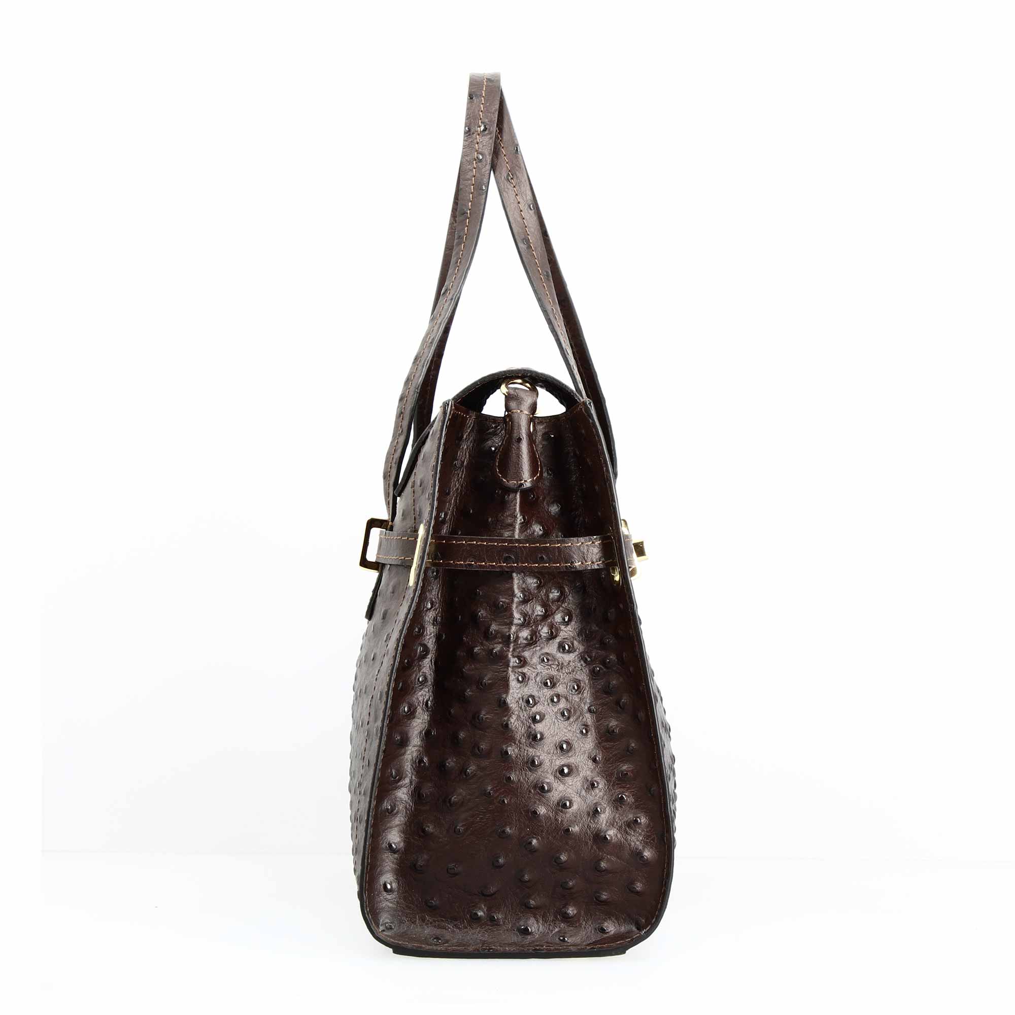 Leonardo Shoes Borsa Mano Pelle Marrone Scuro Struzzo Grande