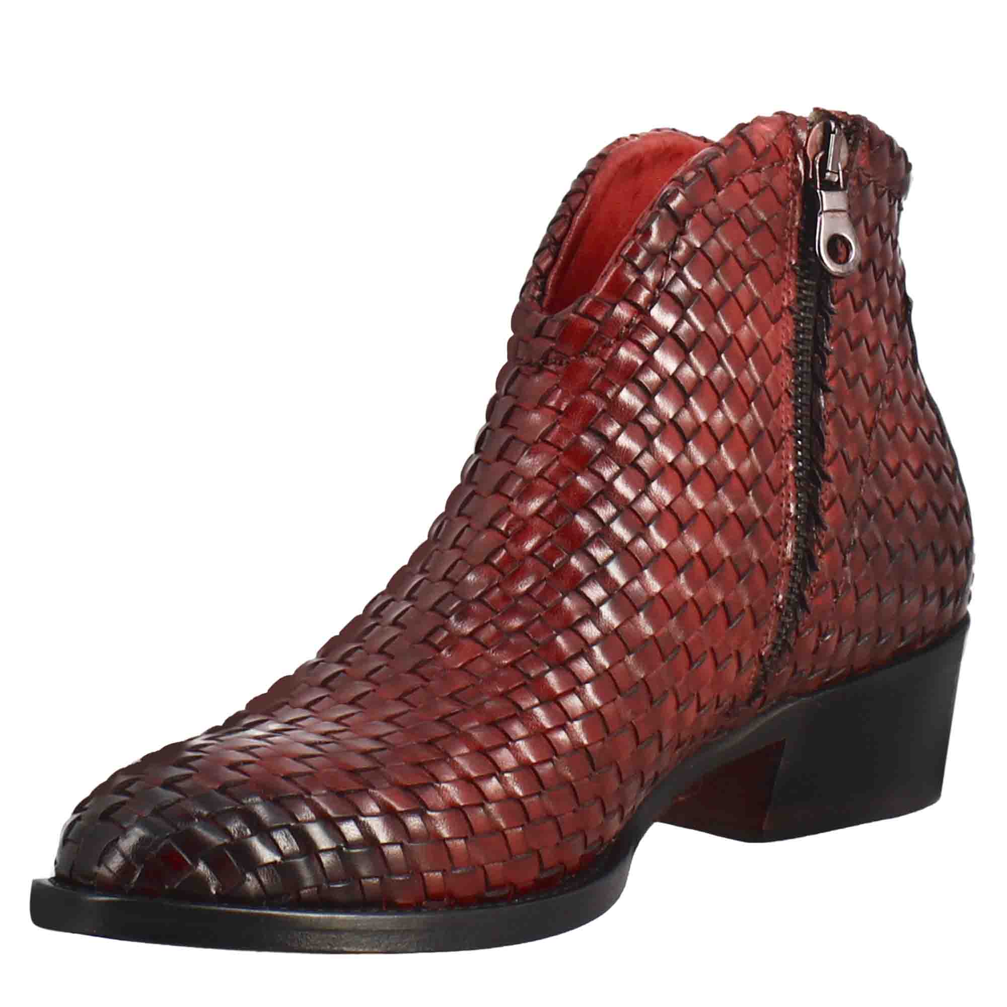 Leonardo Shoes Stivali Donna Stivaletto Pelle Intrecciata Rosso Tacco Medio