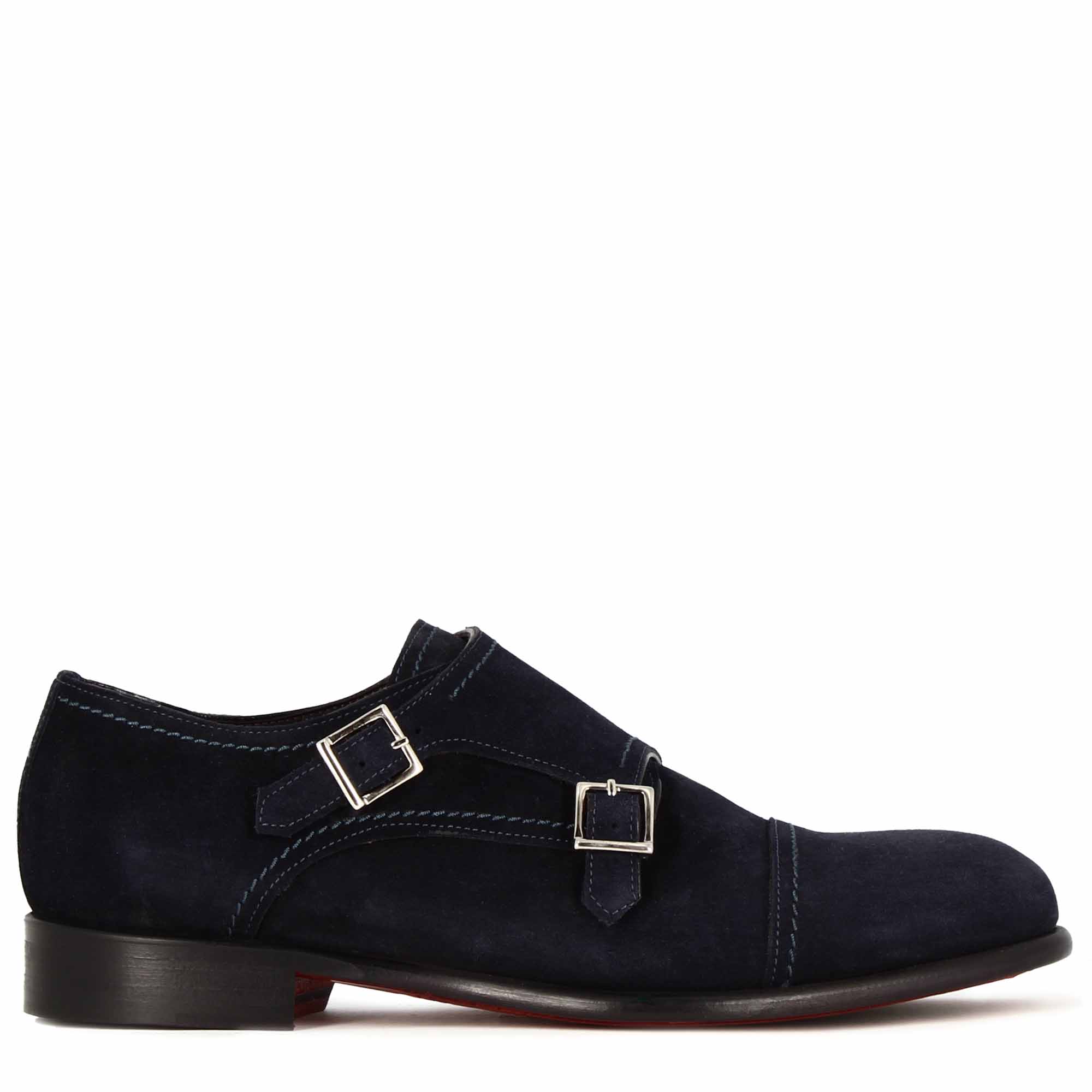Leonardo Shoes Francesine Uomo scarpe doppia fibbia blu camoscio