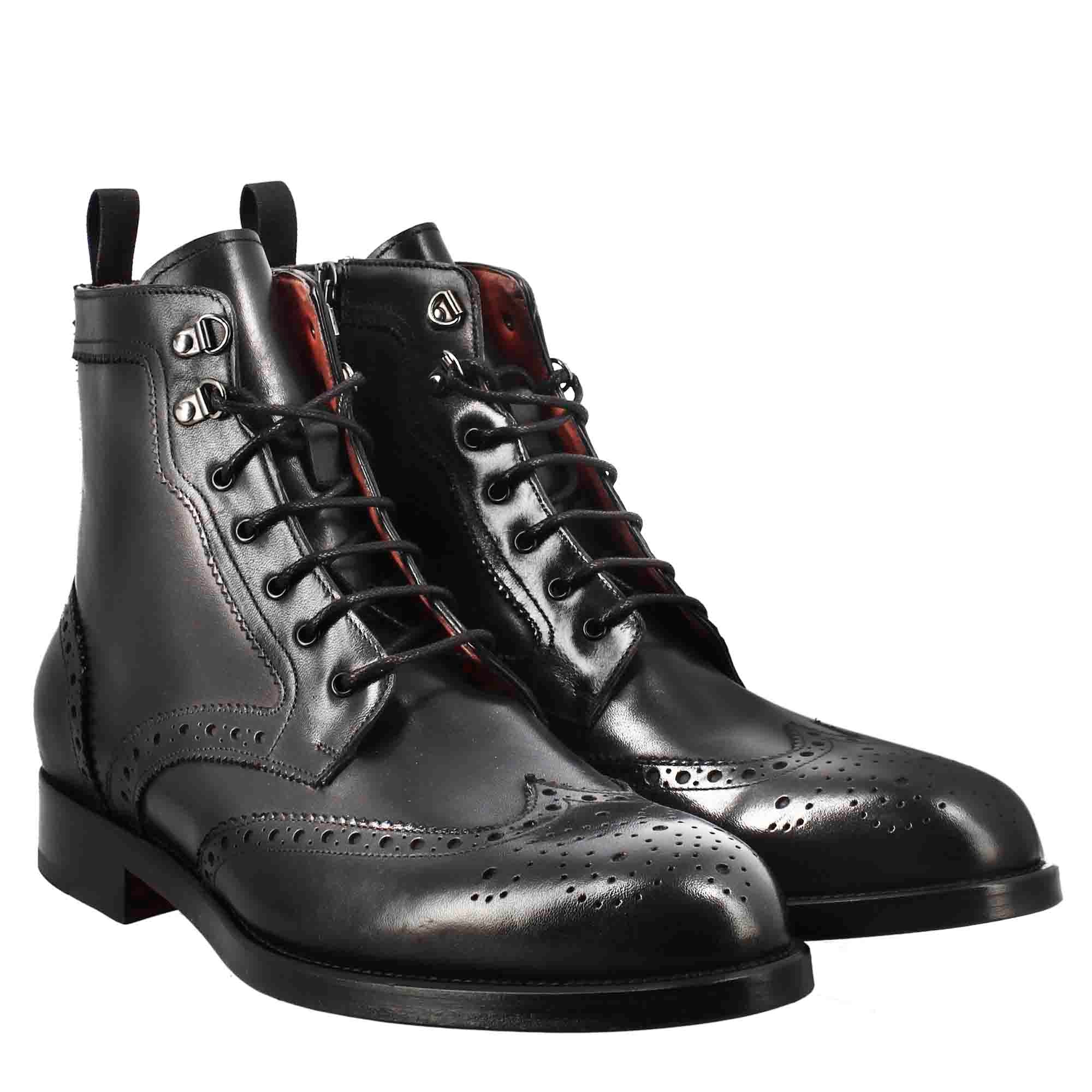 Leonardo Shoes Stivaletti Uomo Anfibio Brogue Pelle Nero