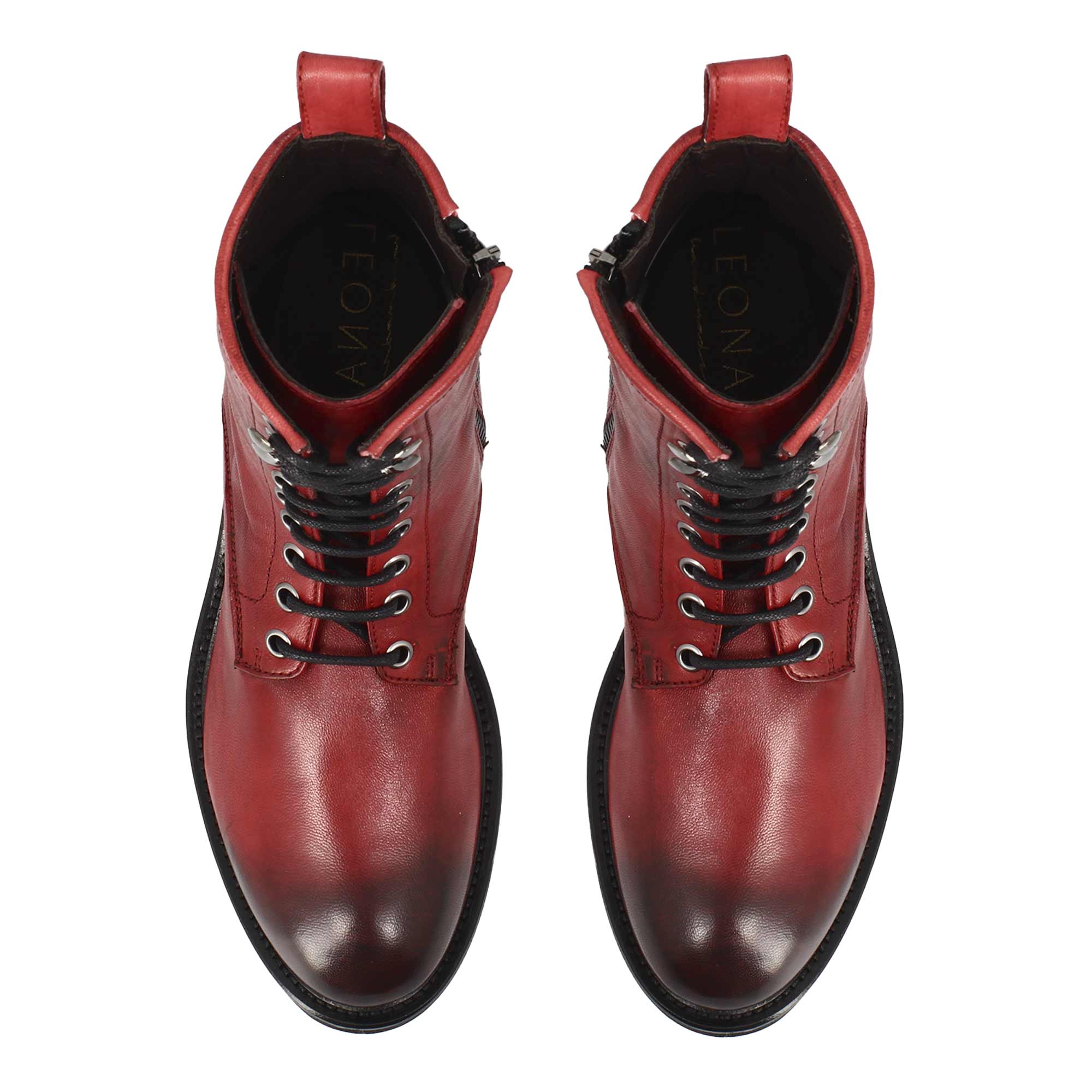 Leonardo Shoes Stivali Donna Anfibio Pelle Rosso Lacci Zip Gomma