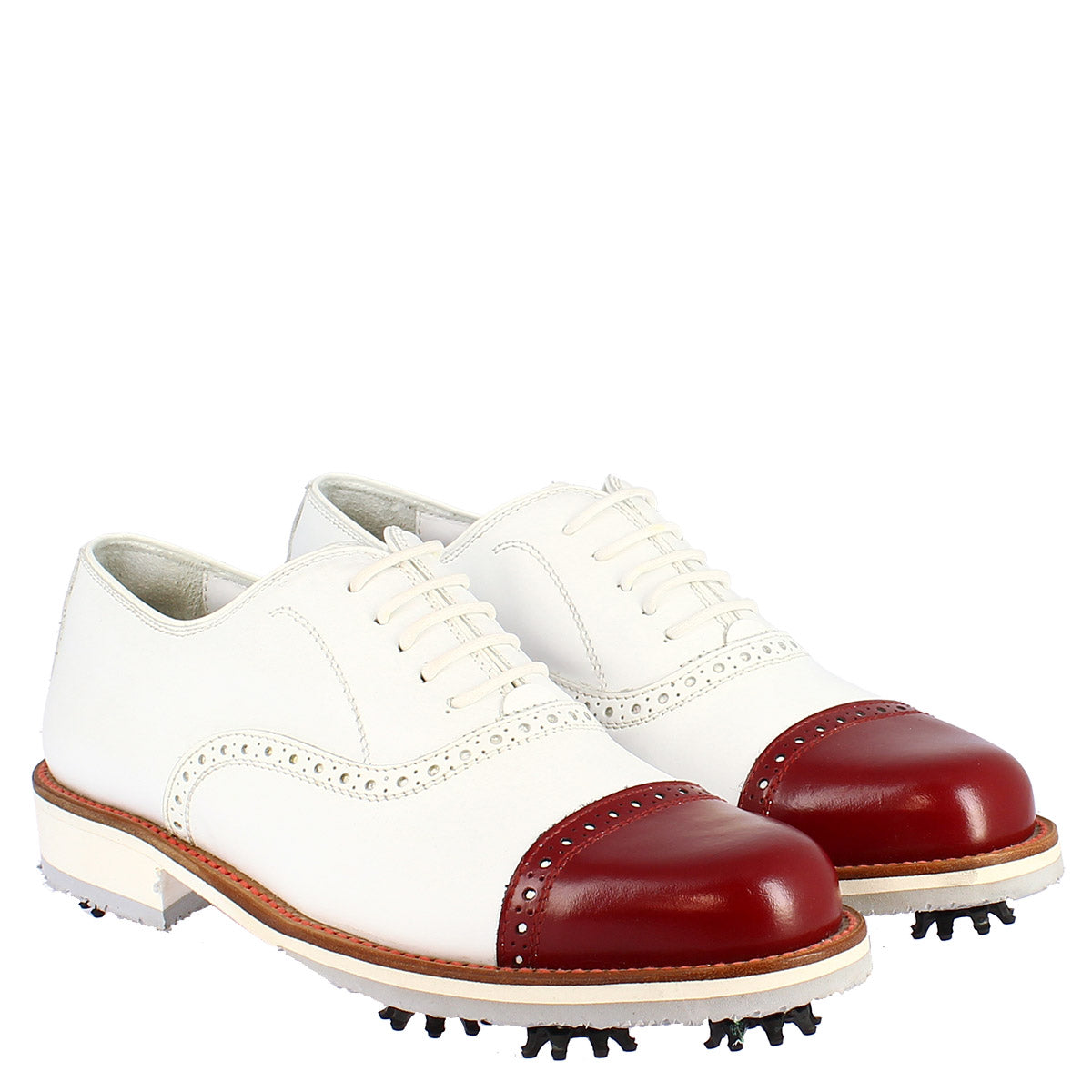 Leonardo Shoes Golf Scarpe Pelle Bianco con Puntale Rosso