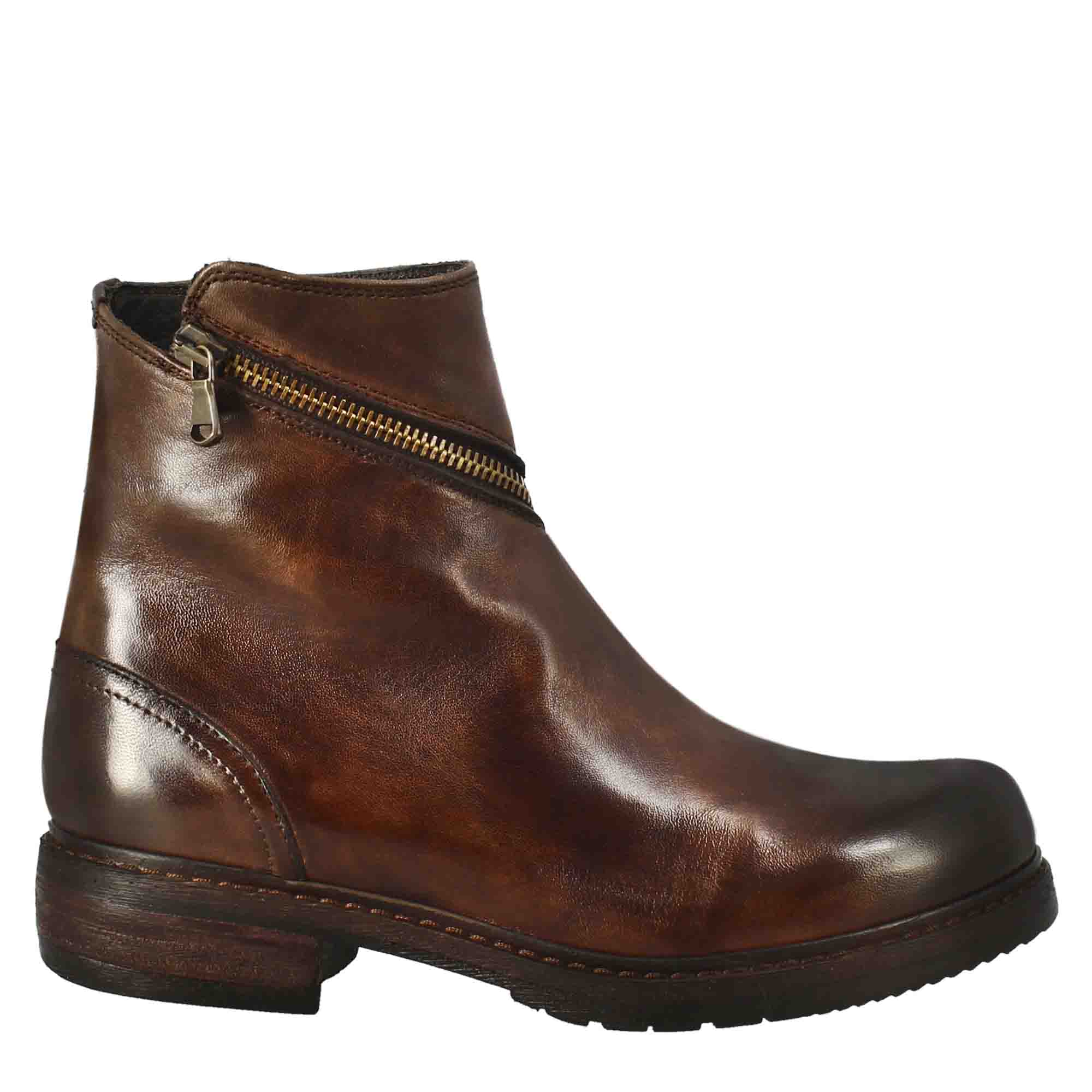 Leonardo Shoes Stivali Donna Stivaletto Pelle Marrone Zip