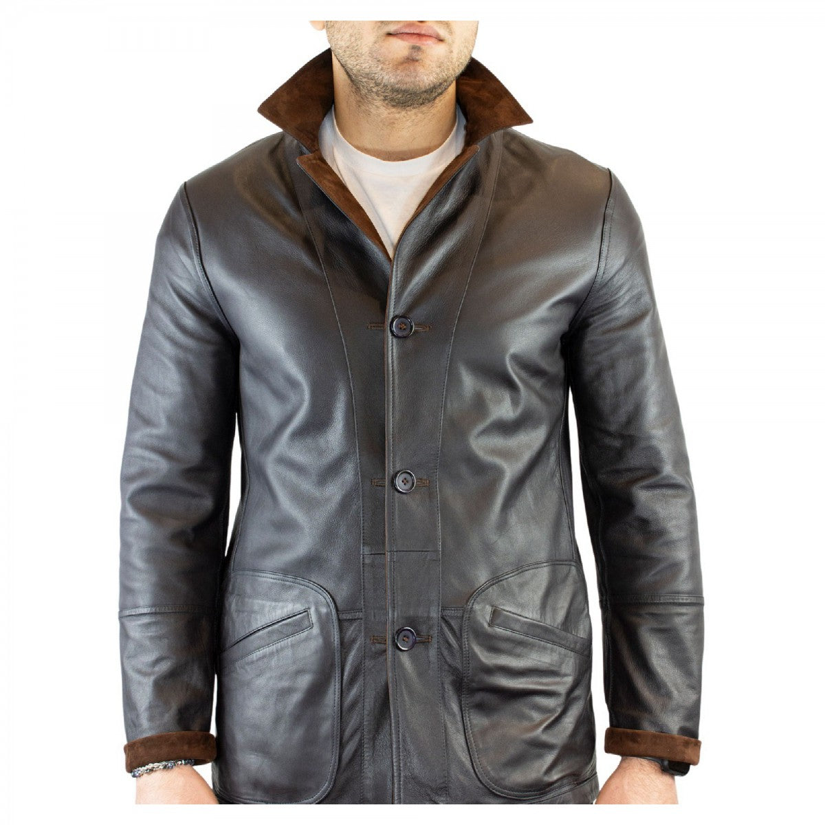 Leonardo Shoes giacca pelle uomo reversibile testa di moro renna