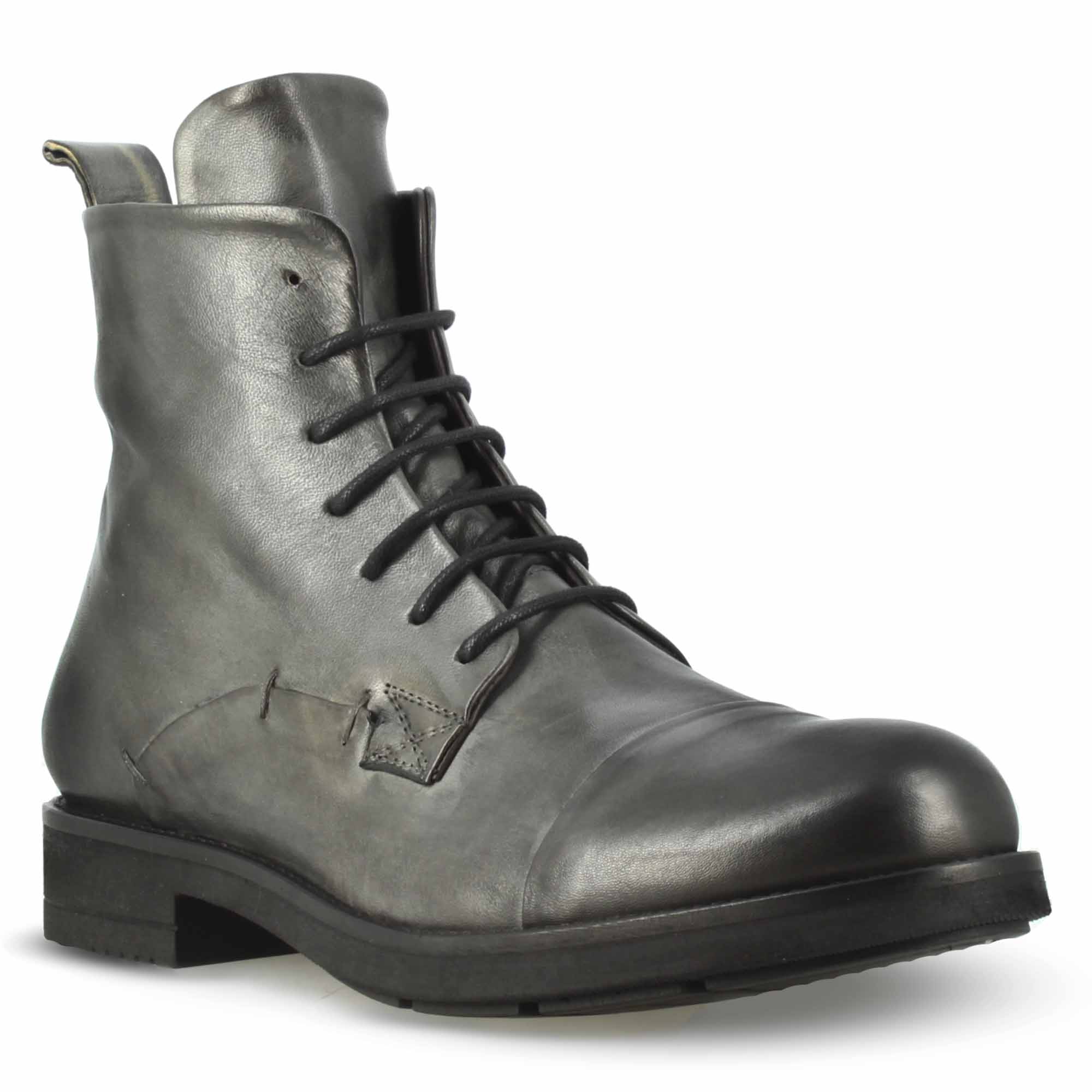 Leonardo Shoes Stivaletti Uomo pelle grigi con lacci invernali
