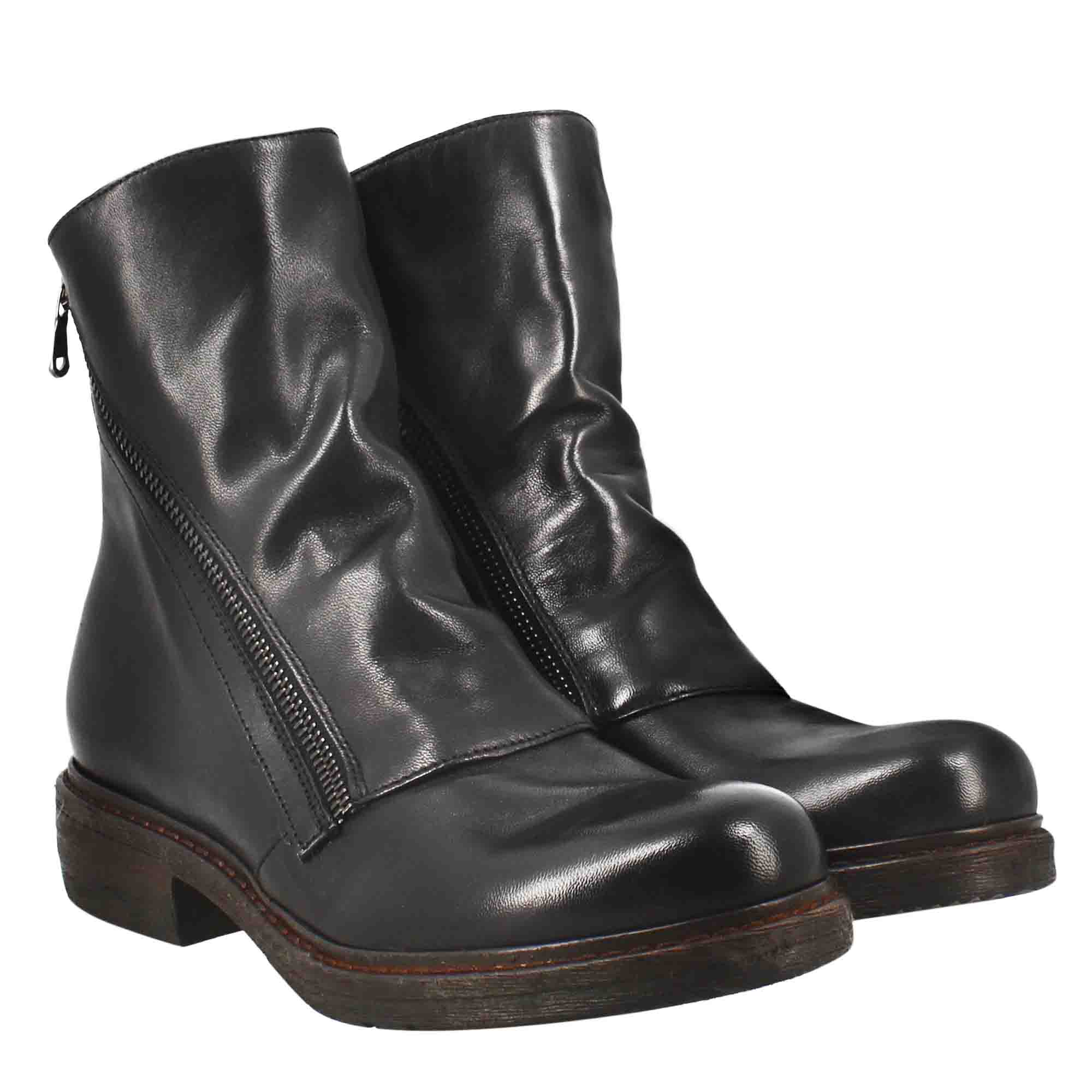 Leonardo Shoes stivaletti donna pelle nero doppia zip vintage