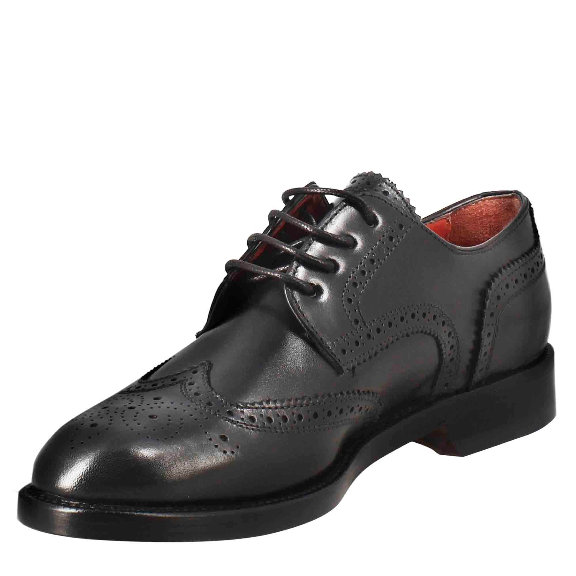 Leonardo Shoes Derby Donna Nero Brogue Pelle Cuoio