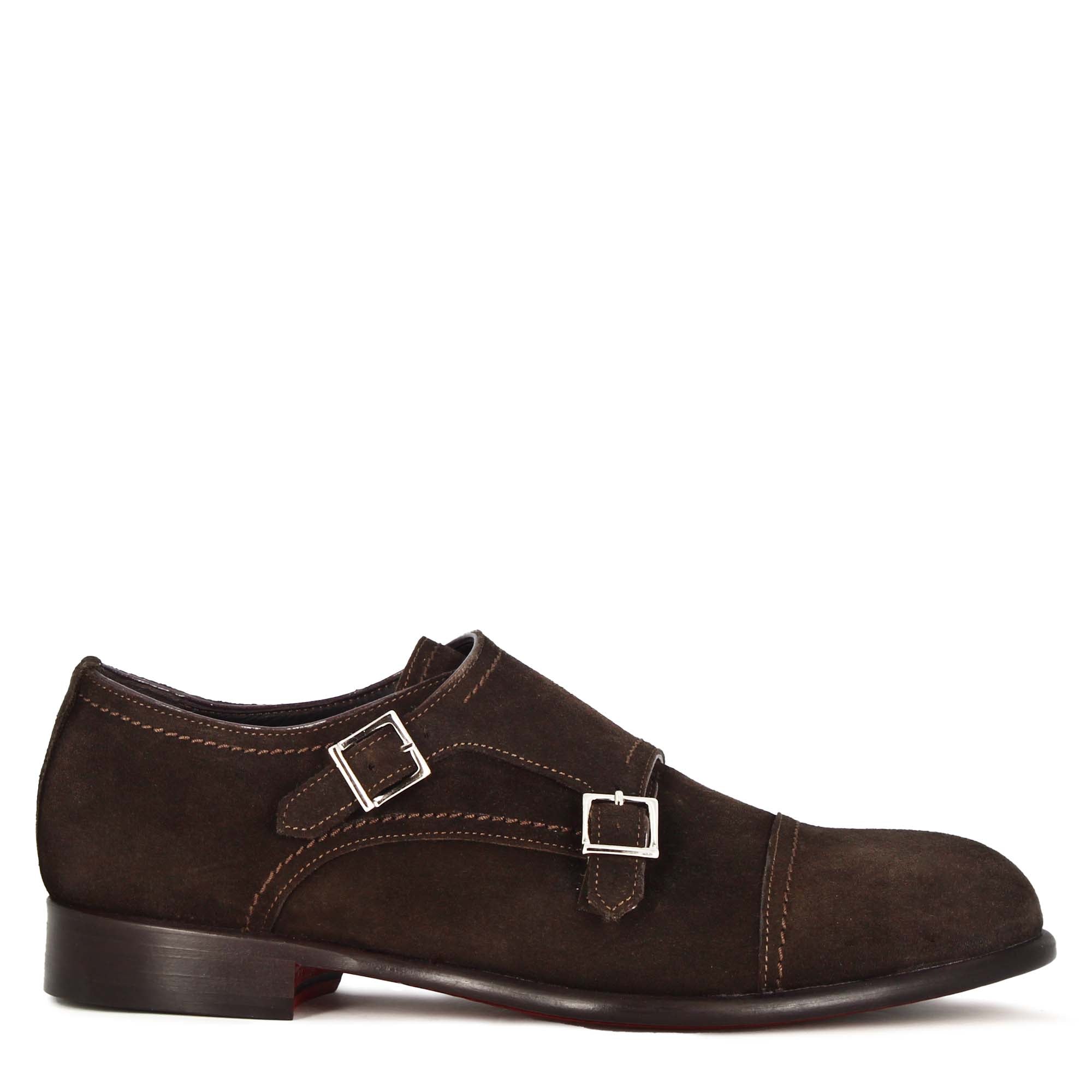 Leonardo Shoes Francesine Uomo Doppia Fibbia Marrone Scuro Camoscio