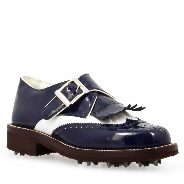 Leonardo Shoes Golf fibbia pelle bianco blu Softspike donna uomo