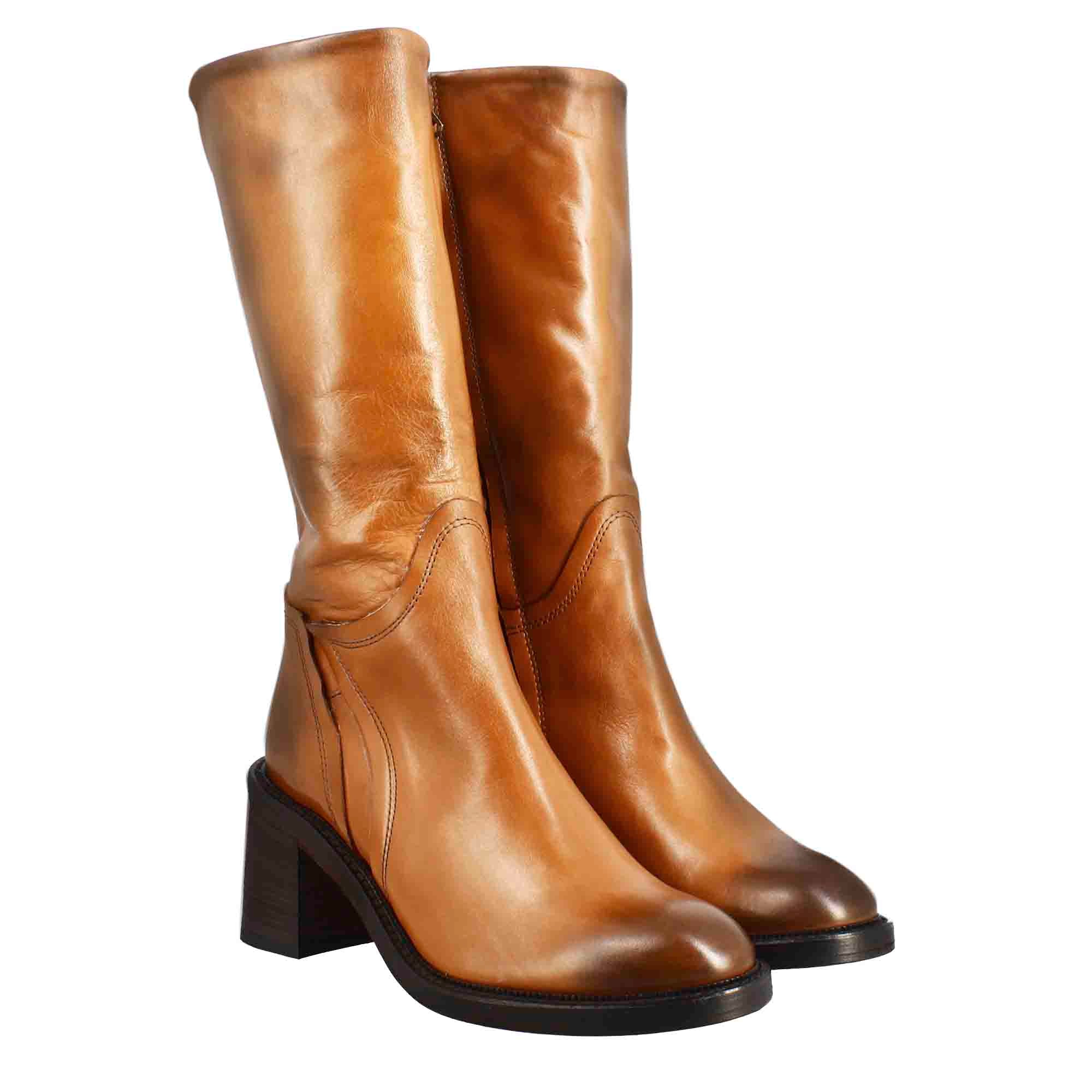 Leonardo Shoes Stivali Donna diver cuoio scuro tacco 5 cm