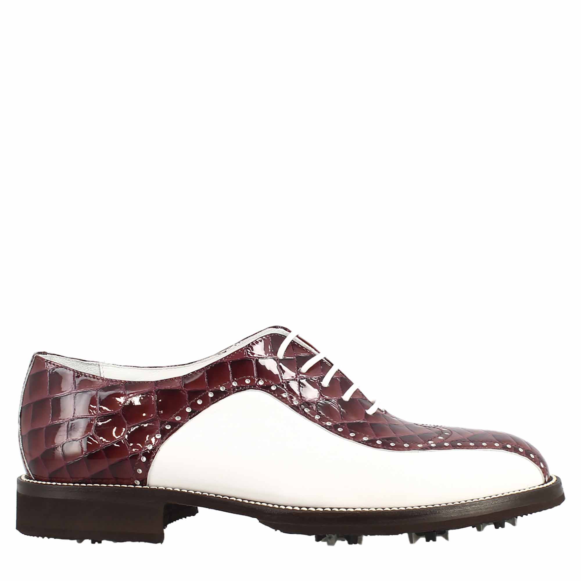 Leonardo Golf Scarpe da Golf Pelle Bianco Bordeaux Cocco
