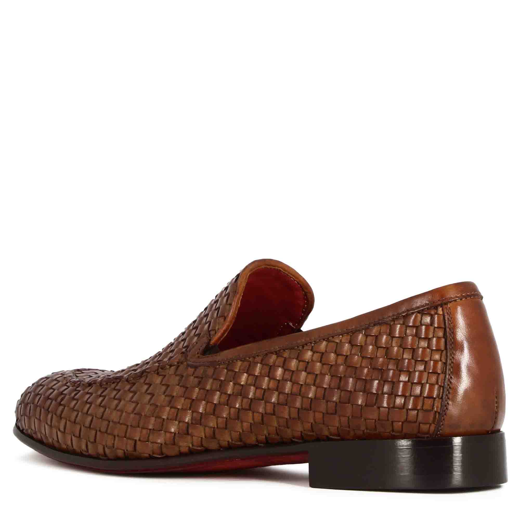 Leonardo Shoes mocassini uomo pelle intrecciata marrone chiaro