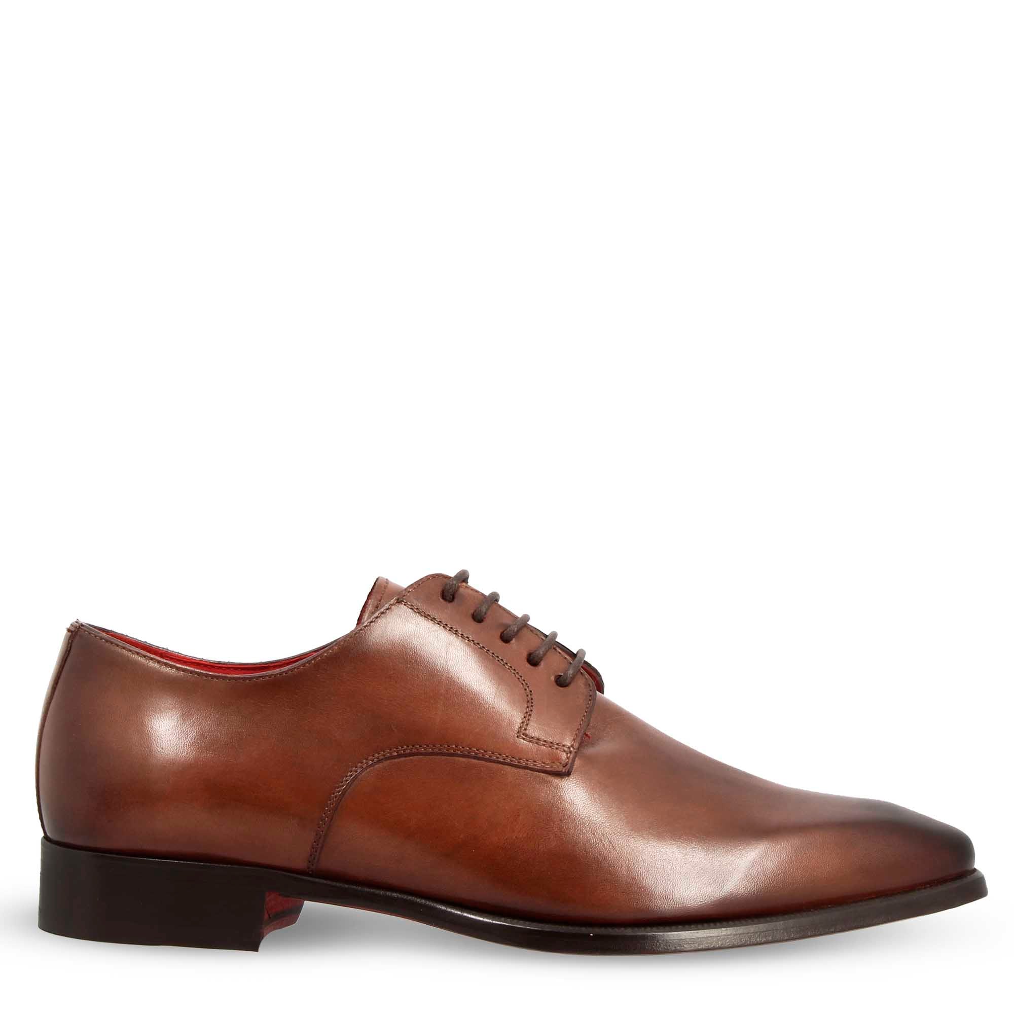 Leonardo Shoes Francesine Uomo Derby Pelle Marrone Punta Squadrata
