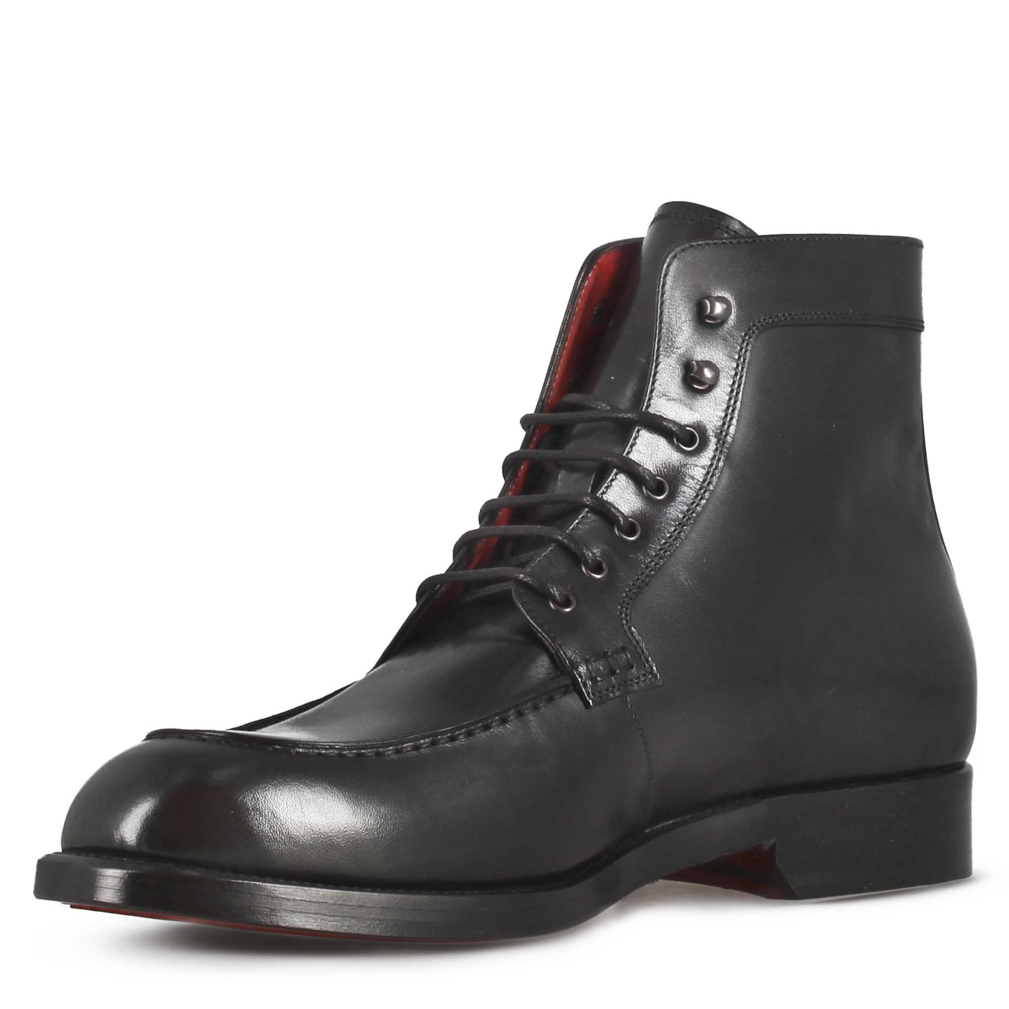 Leonardo Shoes stivaletti uomo pelle nera stringati cuoio