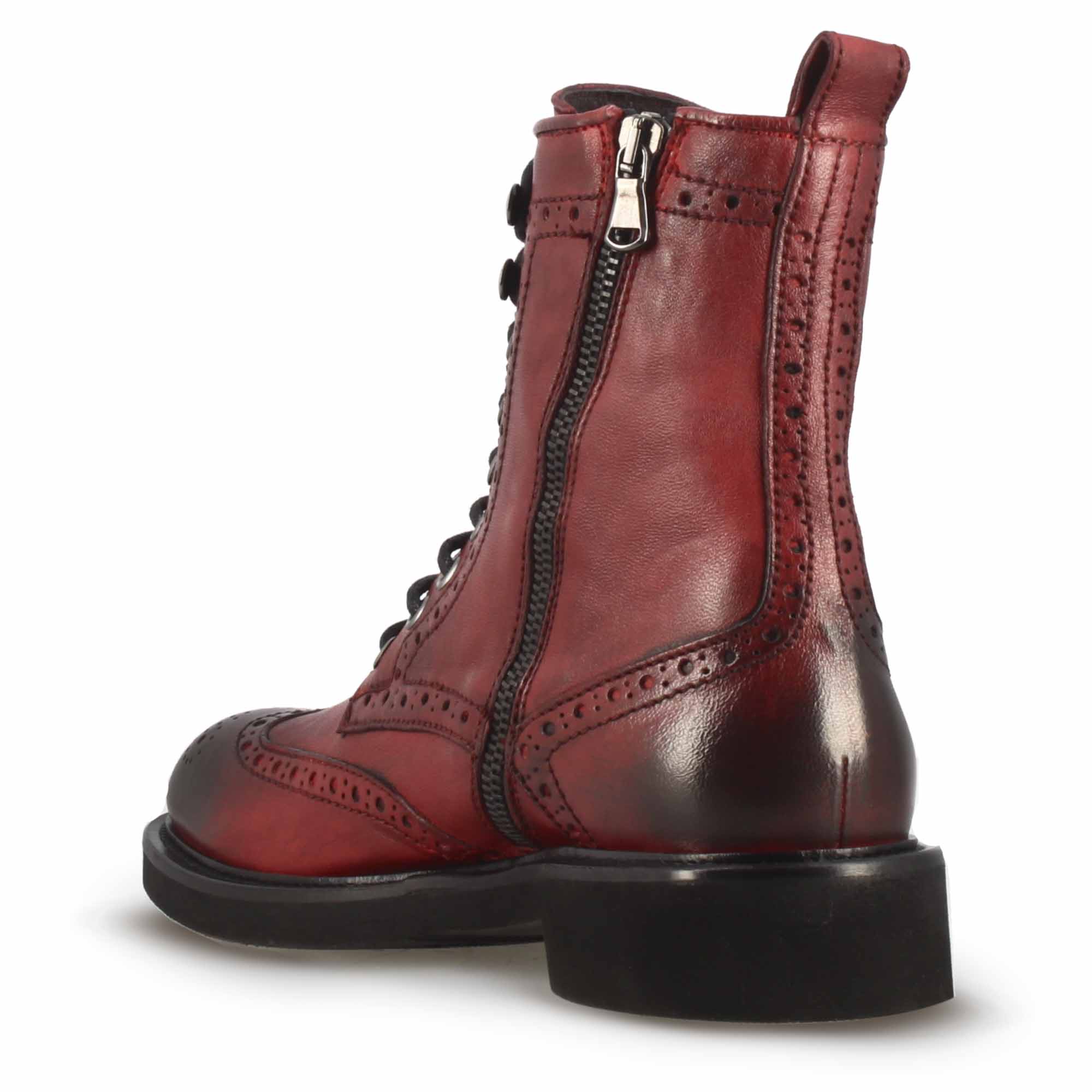 Leonardo Shoes Anfibio Stivali Donna Rosso Pelle Brogue Lacci