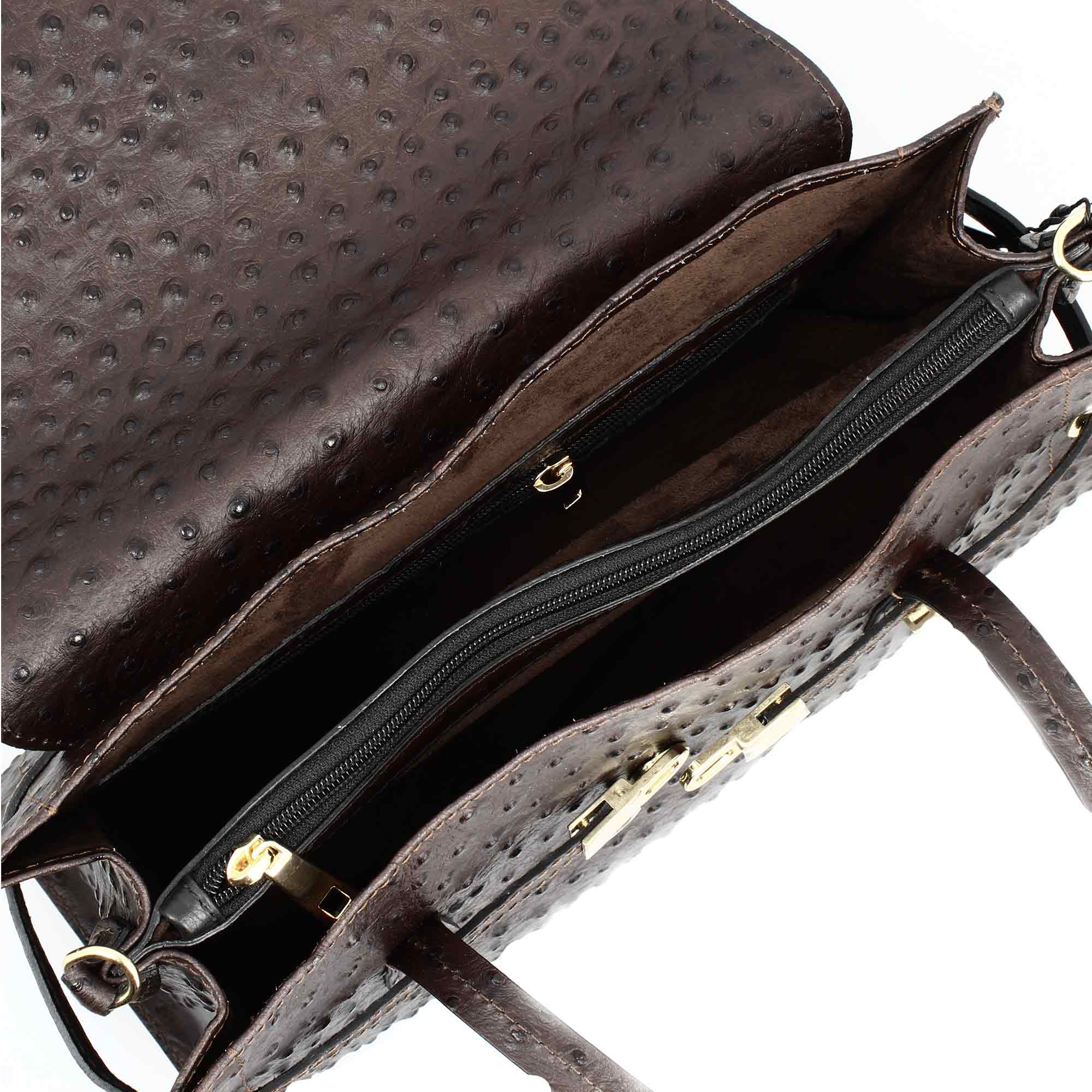 Leonardo Shoes Borsa Mano Pelle Marrone Scuro Struzzo Grande