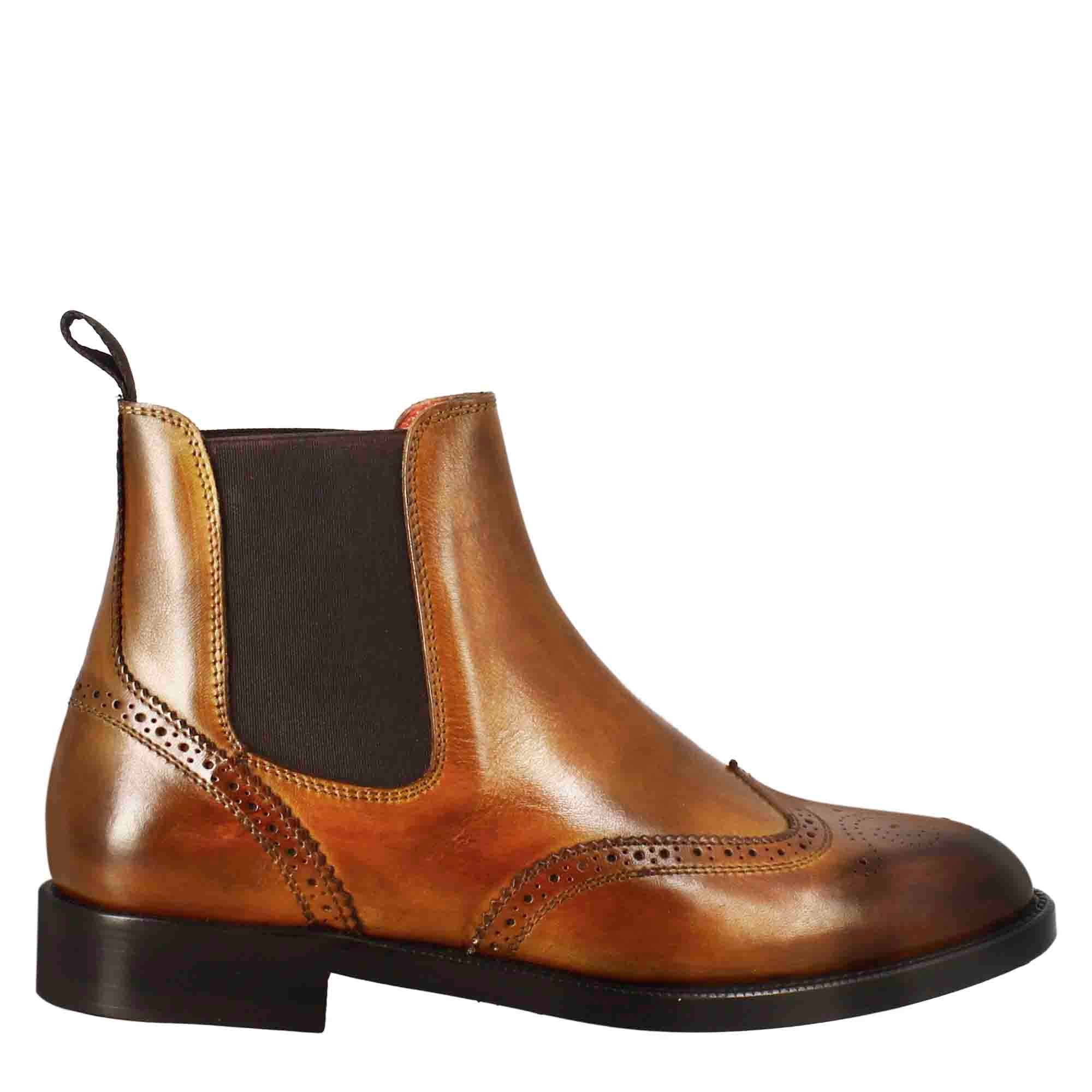 Leonardo Shoes Stivali Donna Chelsea Pelle Marrone Brogue